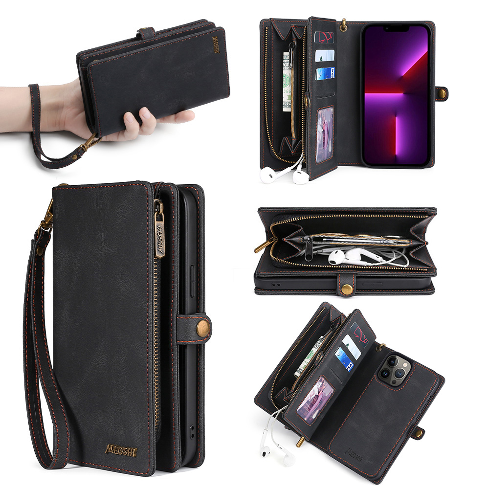 

Megshi 017 -serie Für Iphone 15 Pro Max Reißverschluss Pocket Wallet Lederabdeckung Magnetabendbares Telefonfall - Schwarz, iPhone 15 Pro Max