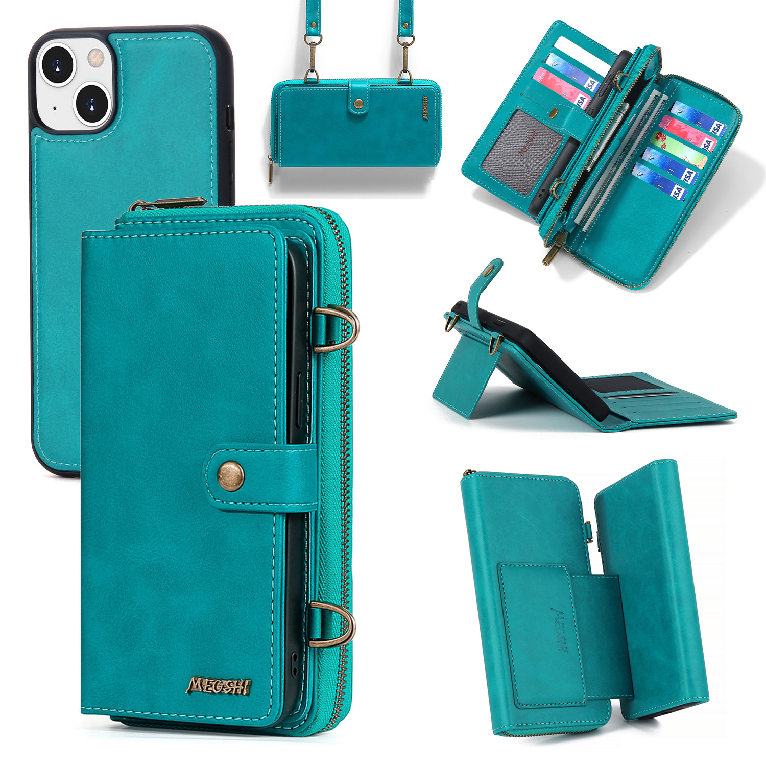 

MEGSHI 020-serie Für Iphone 15 Abnehmbar 2-in-1-brieftaschenhülle PU Lederständer Multifunktions-handyabdeckung - Blau, iPhone 15