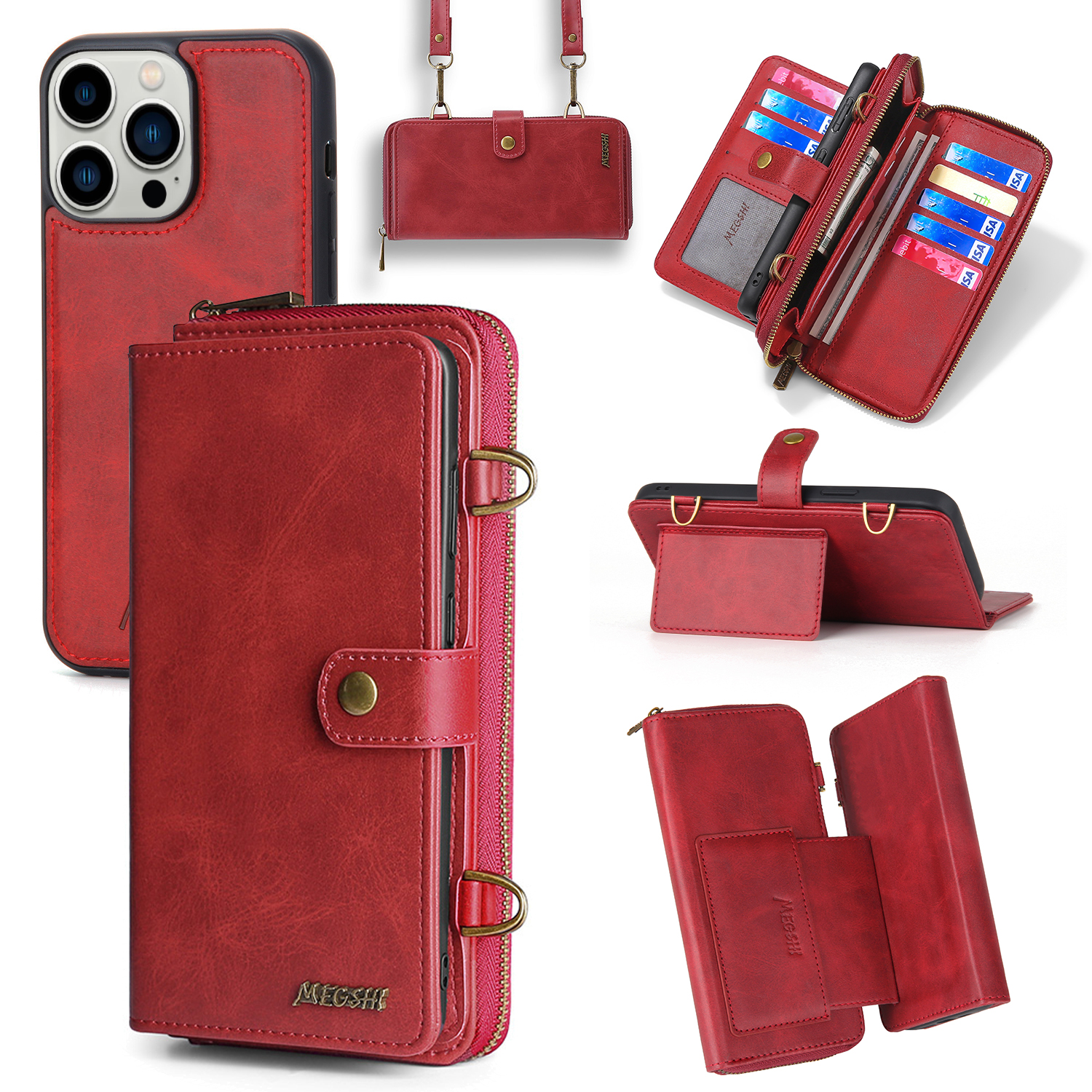 

Megshi 020-serie Für Iphone 15 Pro Max Abtrennbare 2-in-1-brieftaschen-hülle Pu-leder-multifunktions-handyabdeckung - Rot, iPhone 15 Pro Max