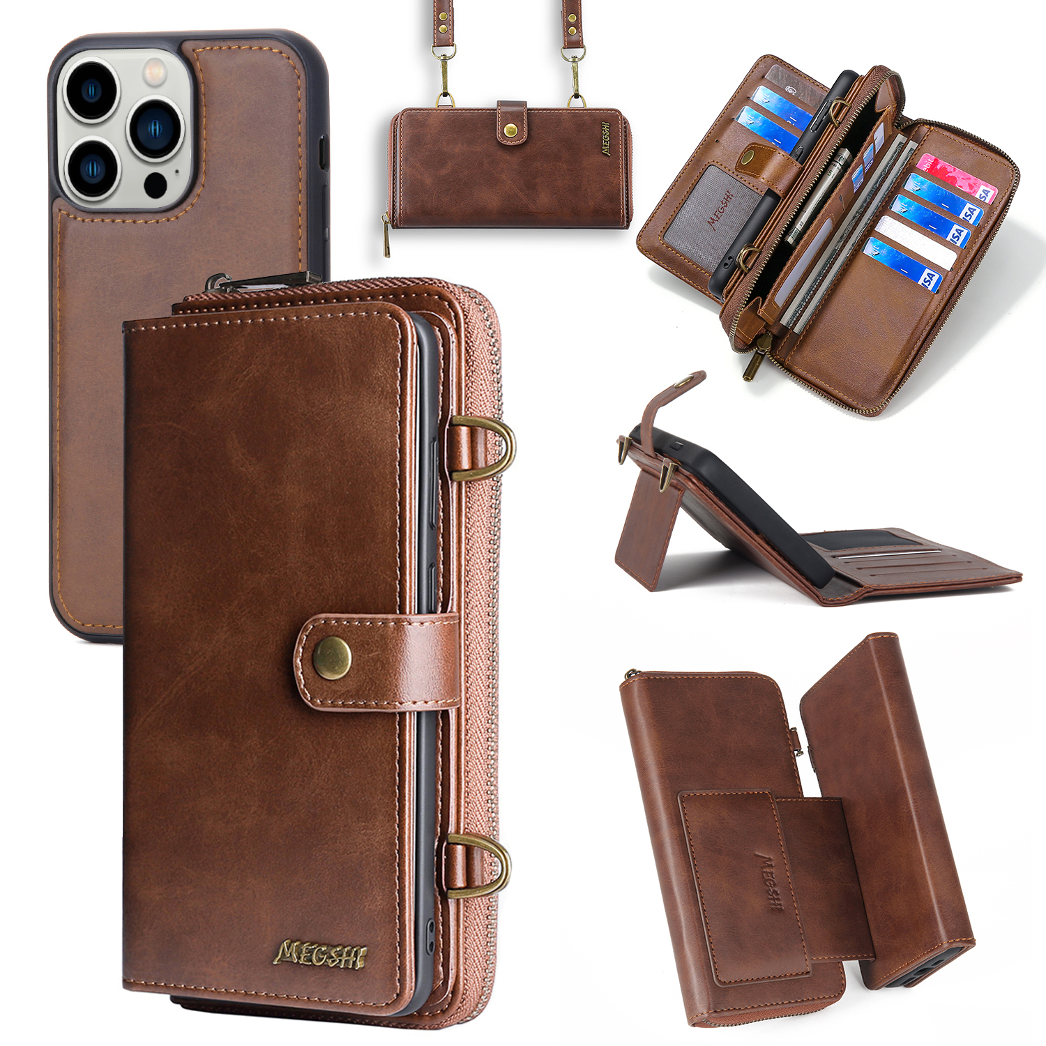

MEGSHI 020-serie Für Iphone 15 Pro Abnehmbar 2-in-1-brieftaschenhülle PU Leder Multifunktions Handy-ständer Cover - Braun, iPhone 15 Pro