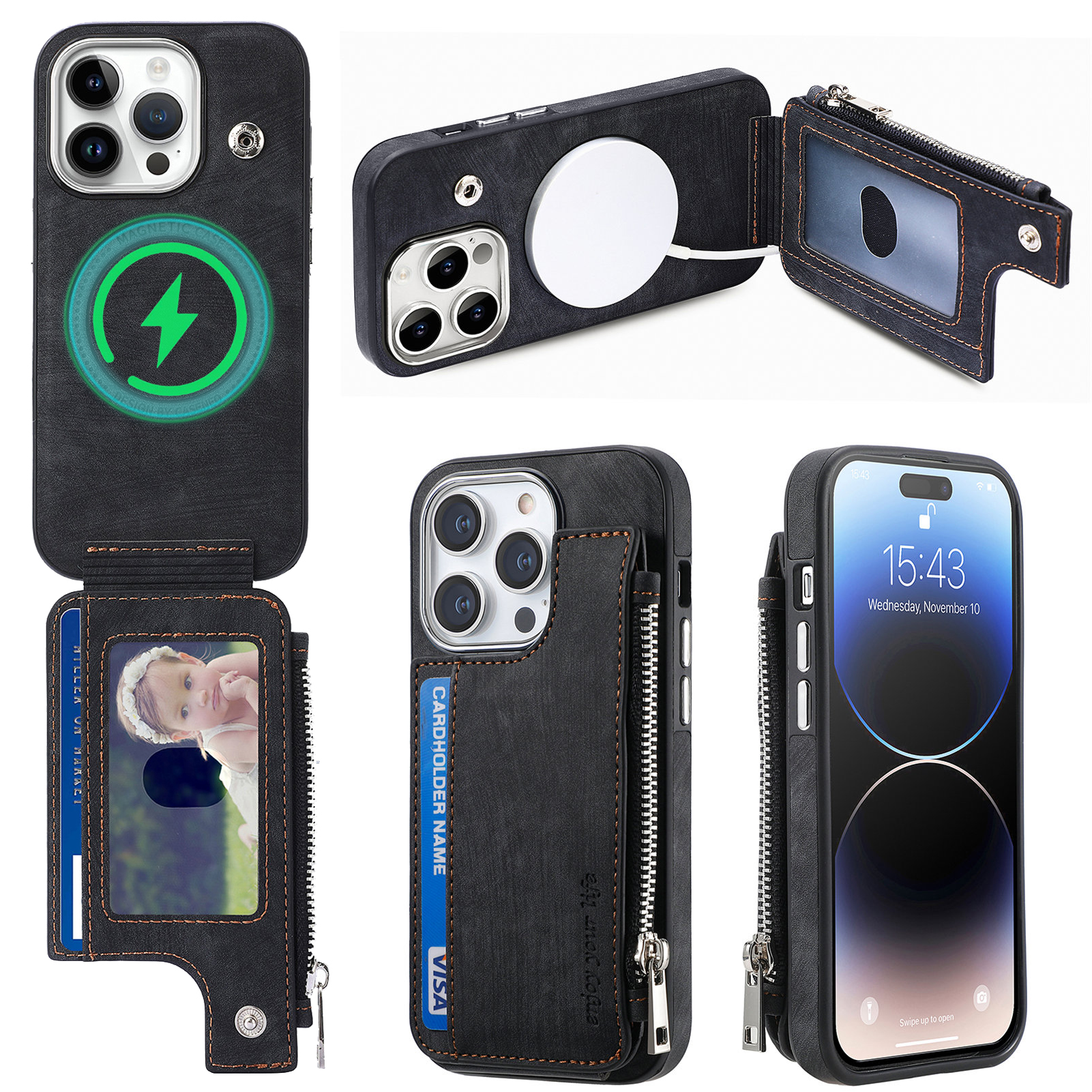 

Für Iphone 15 Pro PU Lederbeschichtete TPU -abdeckung Reißverschluss Brieftaschen -smartphone -hülle Kompatibel Mit Magsafe - Schwarz, iPhone 15 Pro