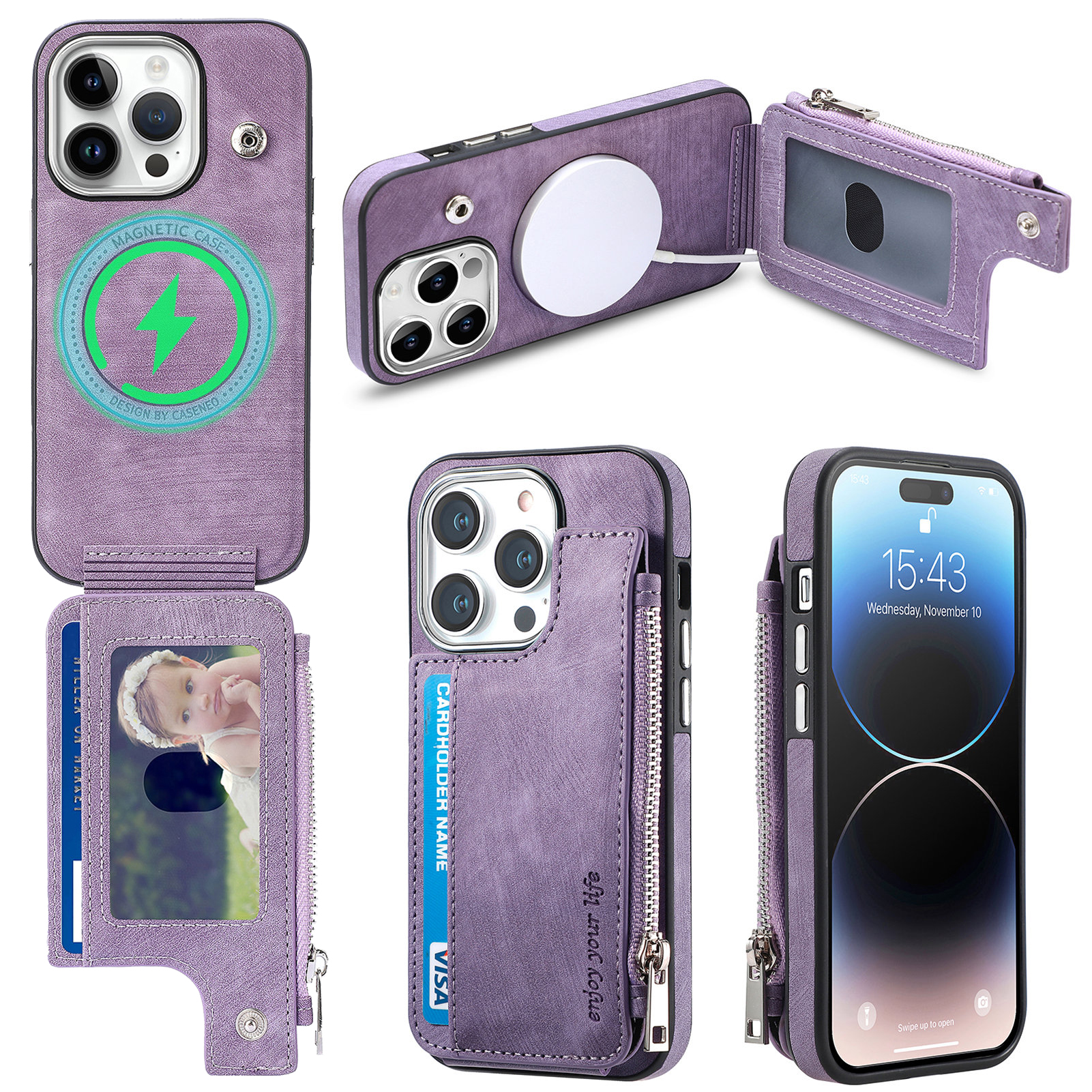 

Für Iphone 15 Pro PU Lederbeschichtete TPU -abdeckung Reißverschluss Brieftaschen -smartphone -hülle Kompatibel Mit Magsafe - Lila, iPhone 15 Pro