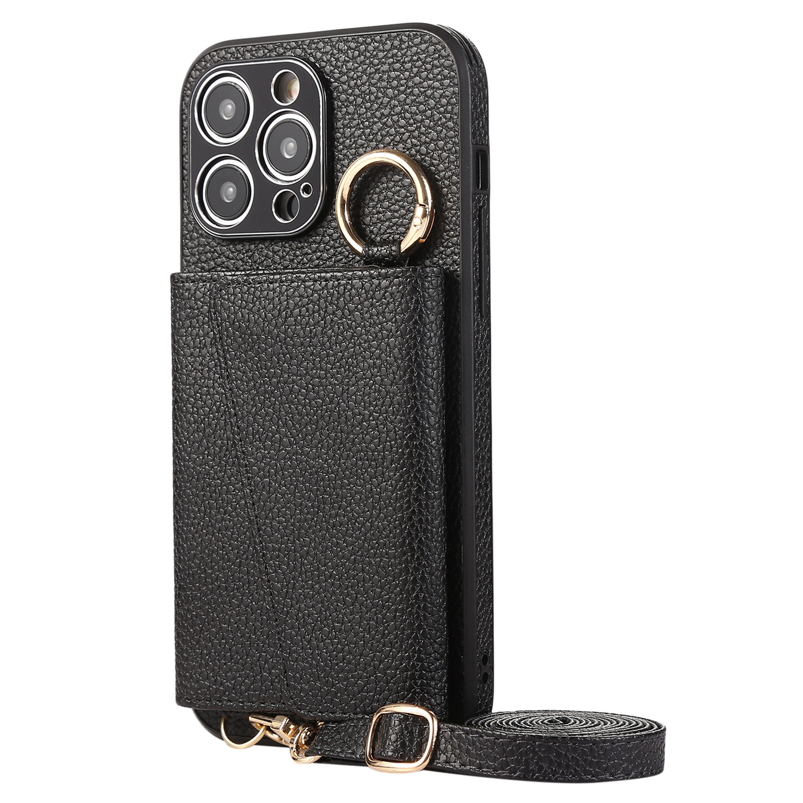

Kartenhalter Pu+pc+tpu-hülle Für Iphone 15 Anti-drop-kickständer-telefonabdeckung Mit Lanyard - Schwarz, iPhone 15