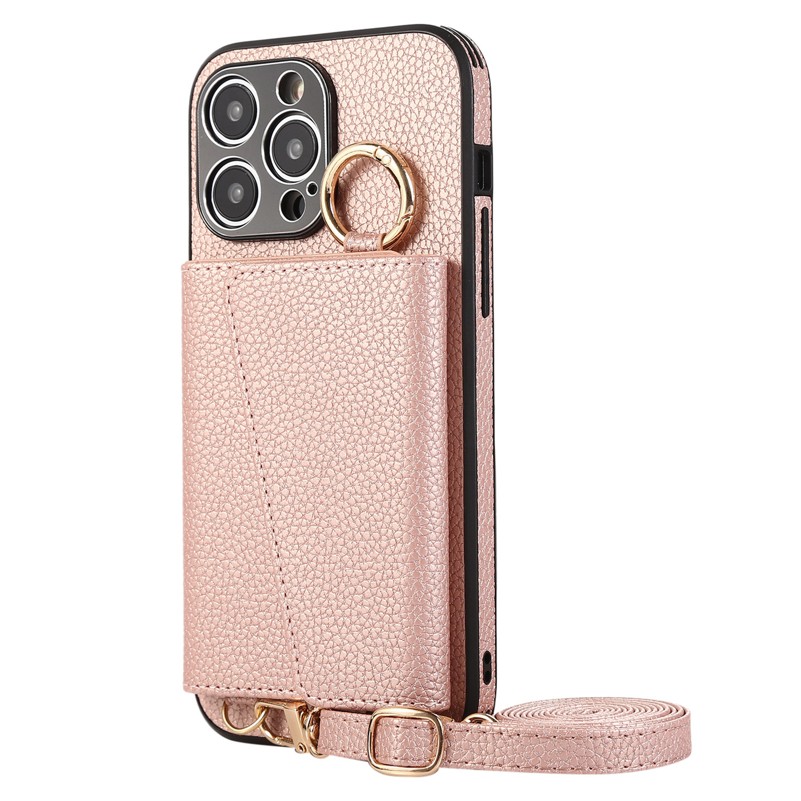 

Kartenhalter Pu+pc+tpu-hülle Für Iphone 15 Anti-drop-kickständer-telefonabdeckung Mit Lanyard - Roségold, iPhone 15