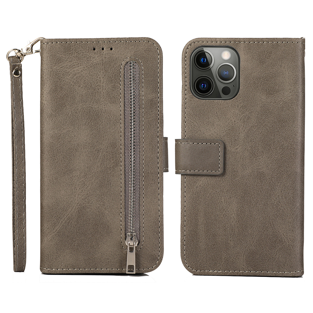 

Für Das Iphone 15 Plus Kalbstextur Reißverschluss Brieftaschenständer Telefonabdeckung PU Lederhülle Mit 5 Kartensteckplätzen - Grau, iPhone 15 Plus
