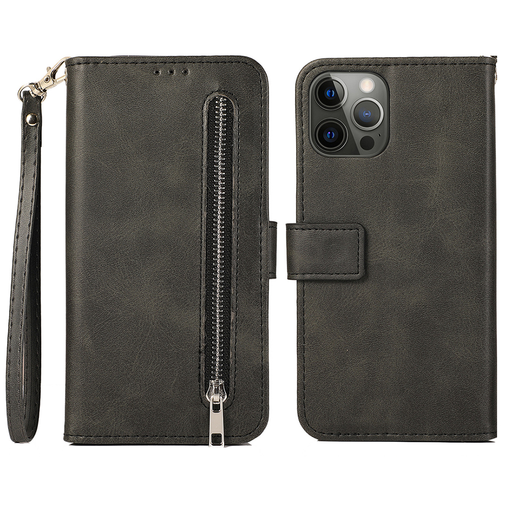 

Für Das Iphone 15 Plus Kalbstextur Reißverschluss Brieftaschenständer Telefonabdeckung PU Lederhülle Mit 5 Kartensteckplätzen - Schwarz, iPhone 15 Plus