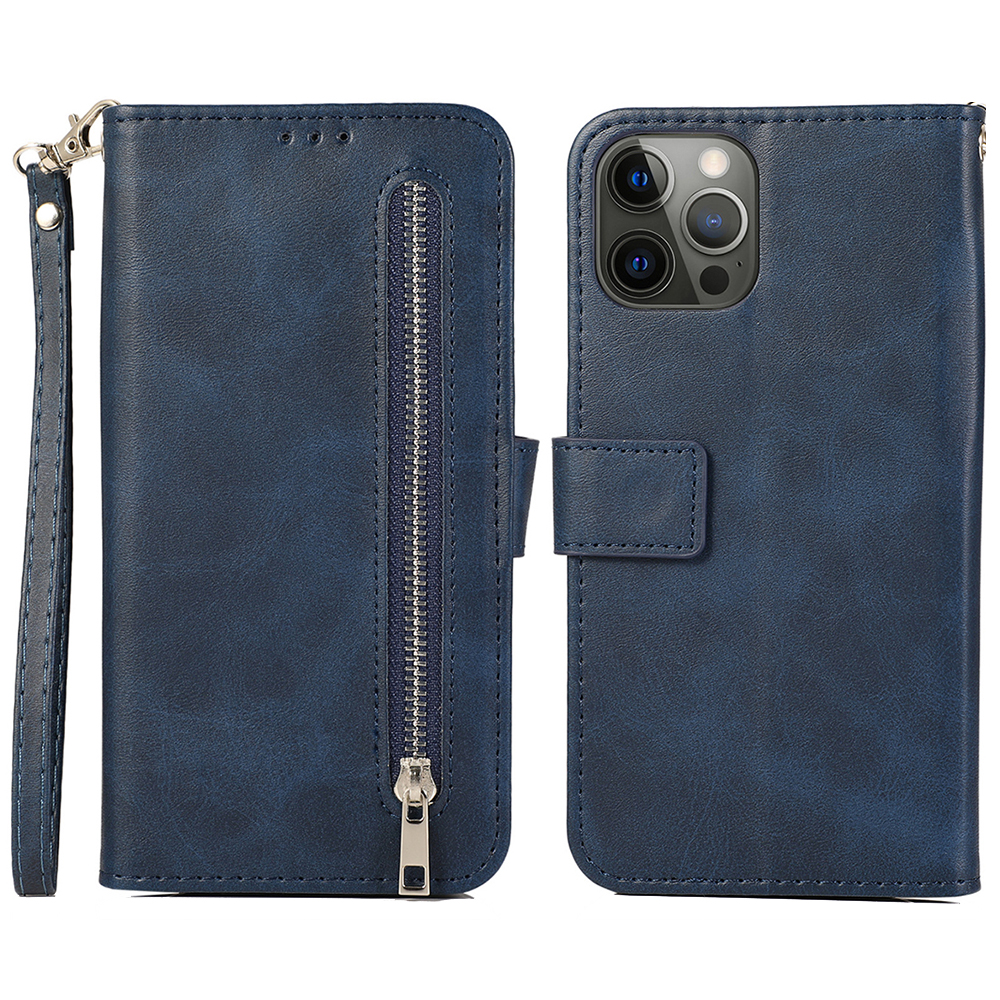 

Für Das Iphone 15 Plus Kalbstextur Reißverschluss Brieftaschenständer Telefonabdeckung PU Lederhülle Mit 5 Kartensteckplätzen - Blau, iPhone 15 Plus