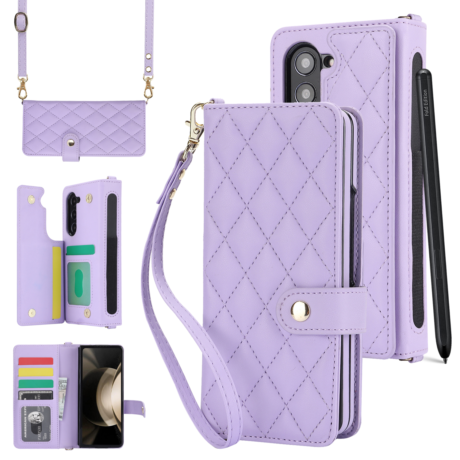 

Für Samsung Galaxy Z Fold5 5G PC+PU Leder Flip Cover Schocksicheres Brieftaschenhülle Mit Gurten - Lila, Galaxy Z Fold5 5G