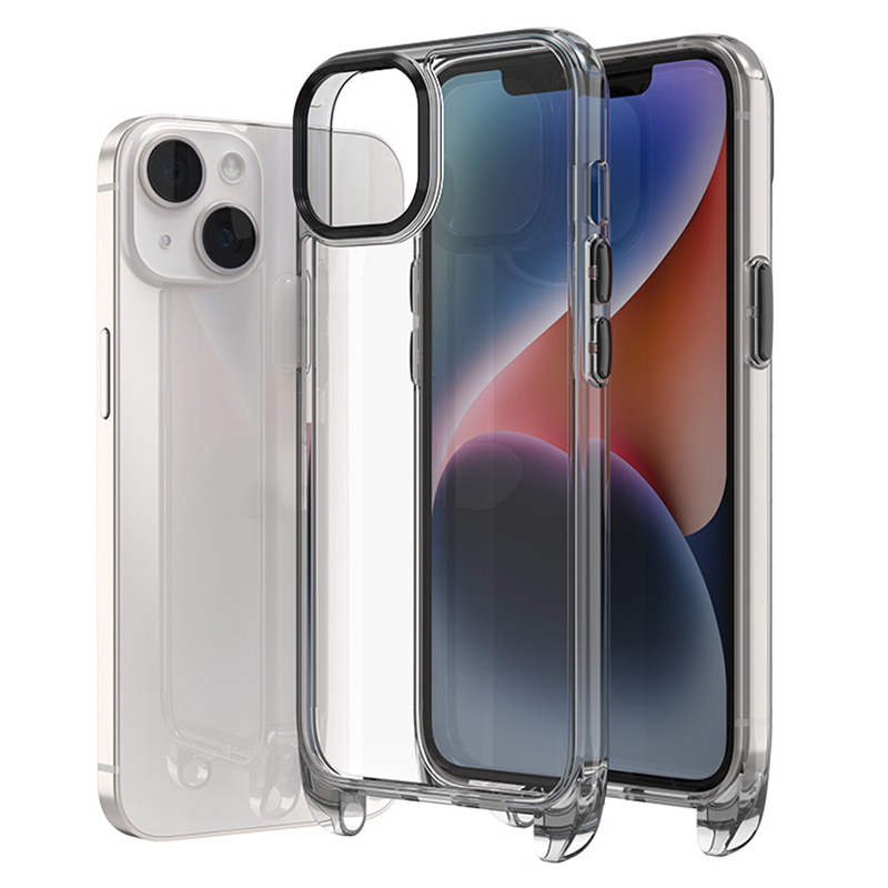 

F7 Für Iphone 15 Hohe Transparenzschock -hülle Glossy PC+TPU -telefonabdeckung Mit Lanyard Hole - Schwarz, iPhone 15