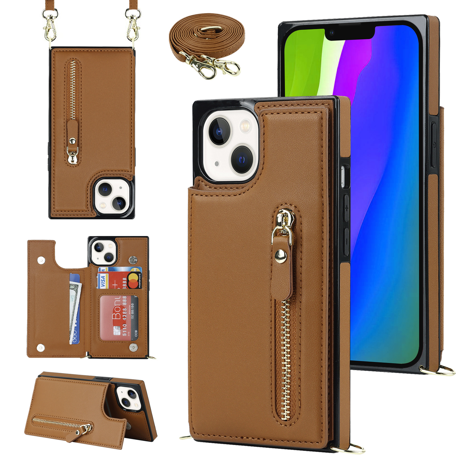 

Schocksicheres Kickstand -hülle Für Iphone 15 Plus TPU+PU -rfid -blockierungsbrieftaschen -telefonabdeckung Mit Schultergurt - Braun, iPhone 15 Plus