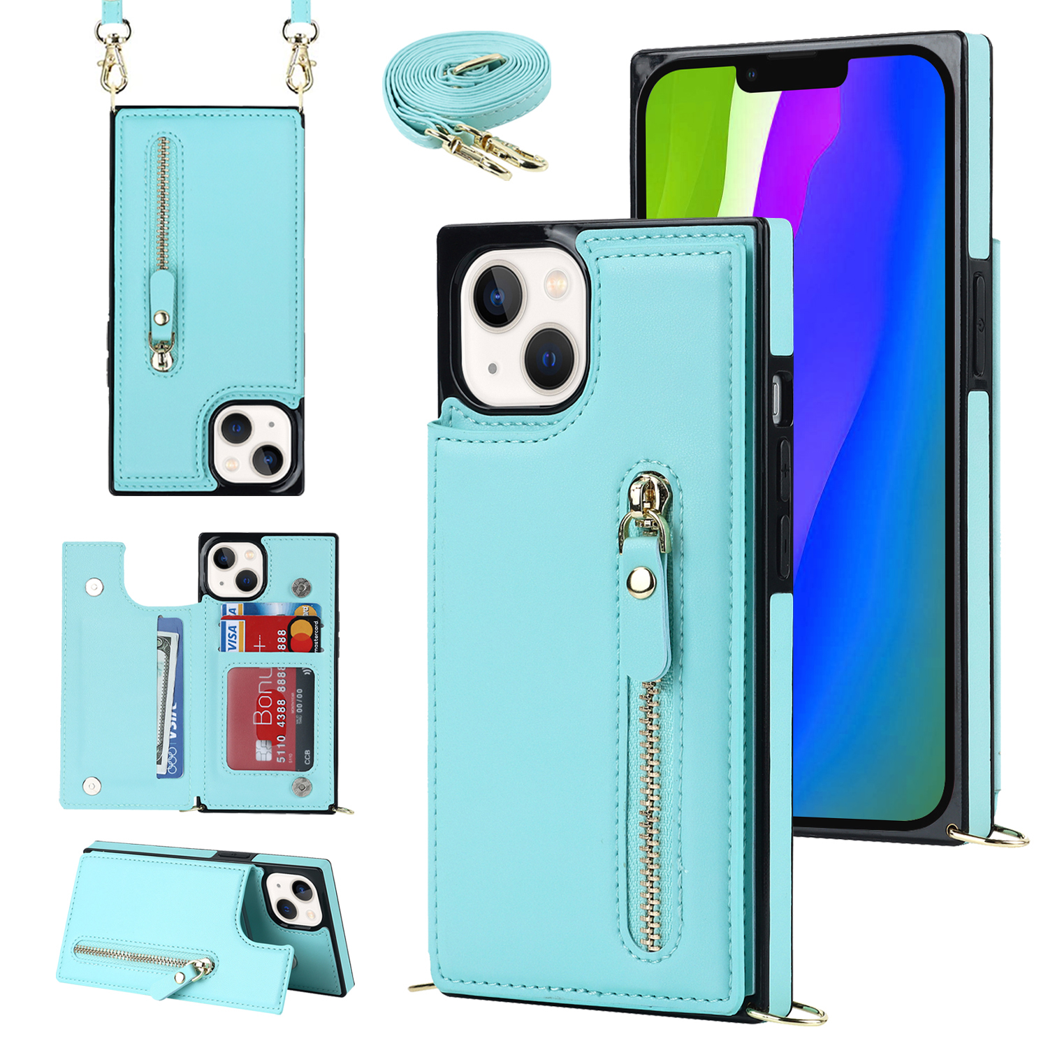 

Schocksicheres Kickstand -hülle Für Iphone 15 Plus TPU+PU -rfid -blockierungsbrieftaschen -telefonabdeckung Mit Schultergurt - Grün, iPhone 15 Plus