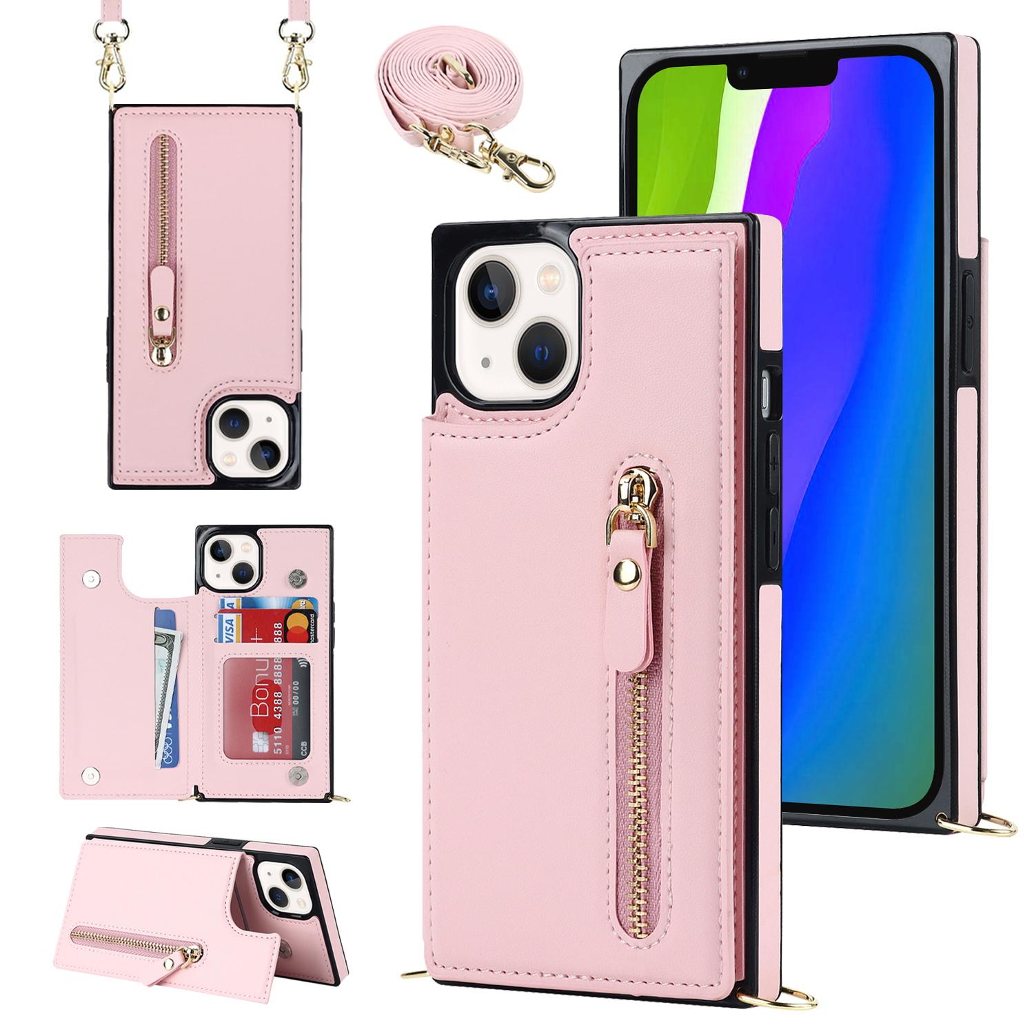 

RFID -blockierungsbrieftaschenhülle Für Iphone 15 TPU+PU Kickstand -telefonabdeckung Mit Schultergurt - Rosa, iPhone 15