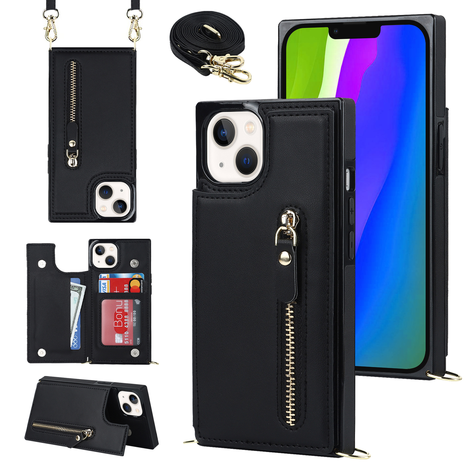 

RFID -blockierungsbrieftaschenhülle Für Iphone 15 TPU+PU Kickstand -telefonabdeckung Mit Schultergurt - Schwarz, iPhone 15
