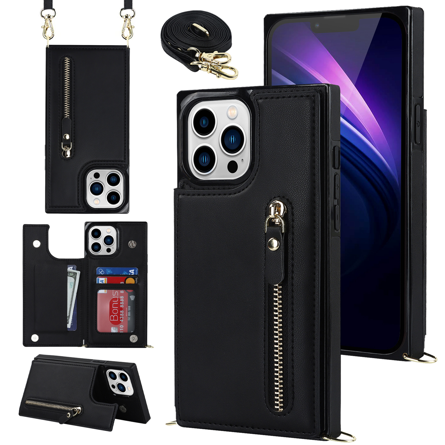 

Für Das Iphone 15 Pro Max RFID Blocking Phone Case TPU+PU Kickstand Wallet -telefonabdeckung Mit Schultergurt - Schwarz, iPhone 15 Pro Max