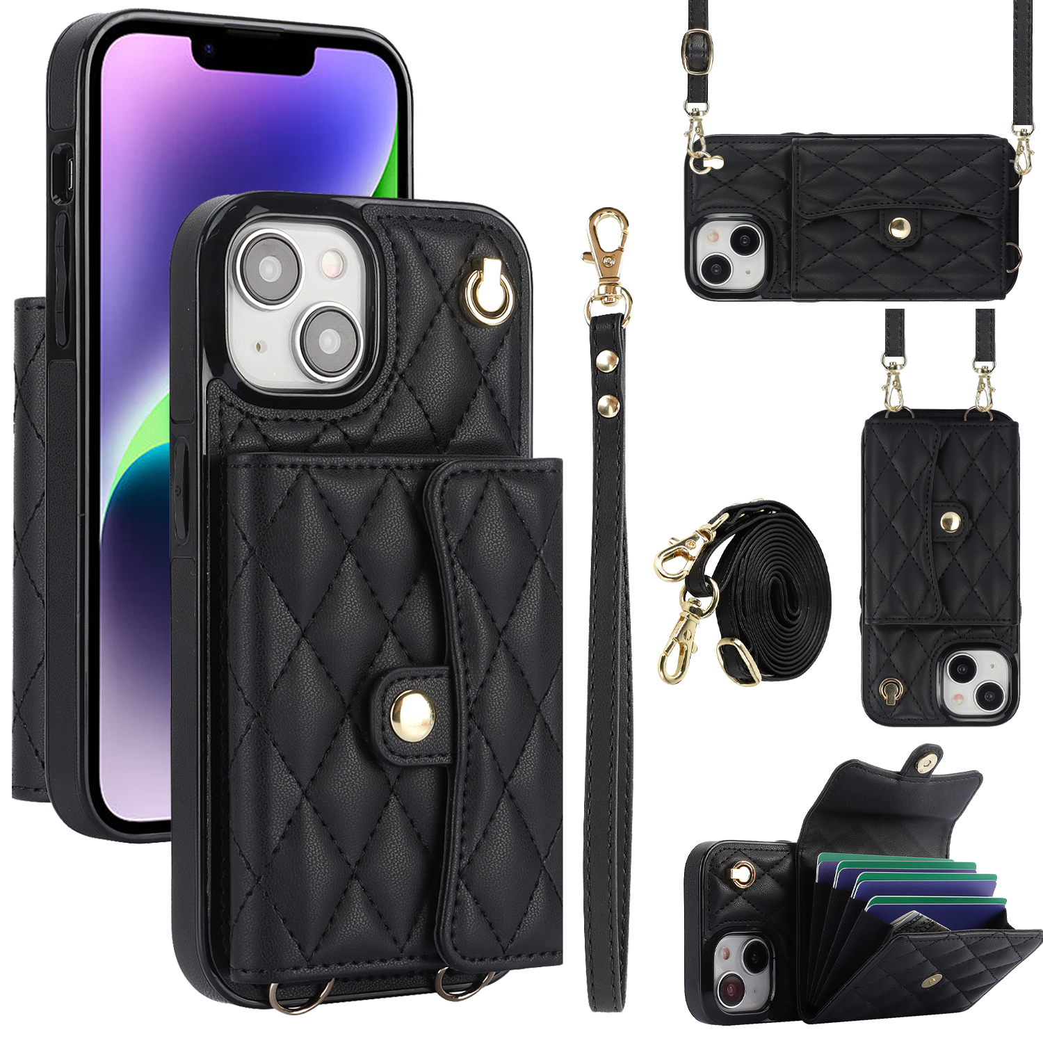 

026 Für Iphone 15 RFID -blockierkarten -slots Telefonhülle PU Leder+tpu -kickständer Mit Handgelenk Und Schultergurten - Schwarz, iPhone 15