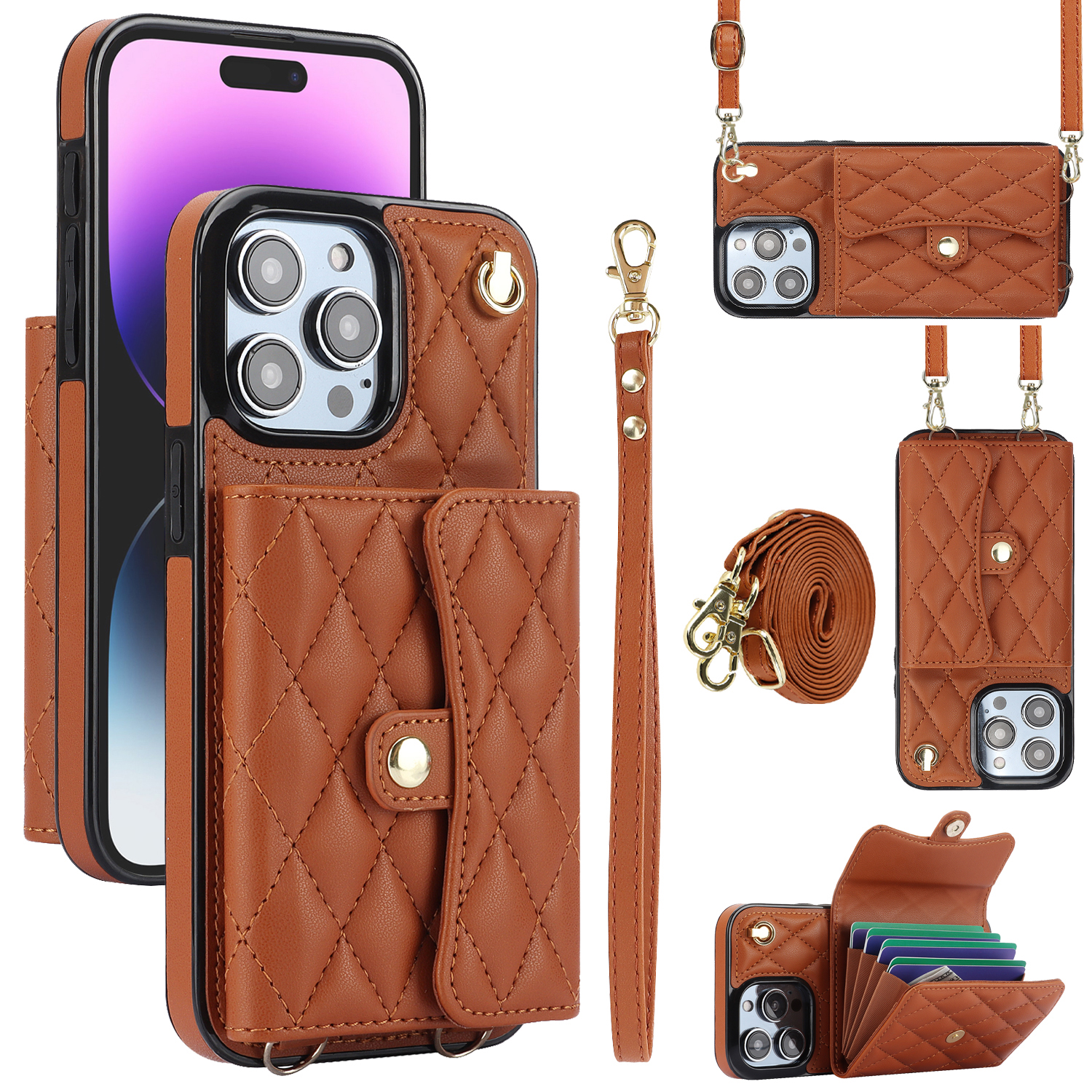 

026 Für Iphone 15 Pro RFID -blockierungskartenhalter Phone Hülle PU Leder+tpu -kickständer Mit 2 Trägern - Braun, iPhone 15 Pro