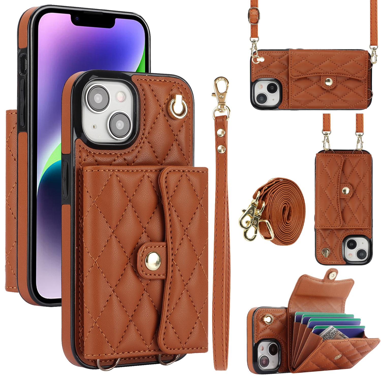 

026 Für Iphone 15 Plus PU Leder+tpu RFID Blocking Phone Cart Card Halter Kickstand Cover Mit 2 Trägern - Braun, iPhone 15 Plus