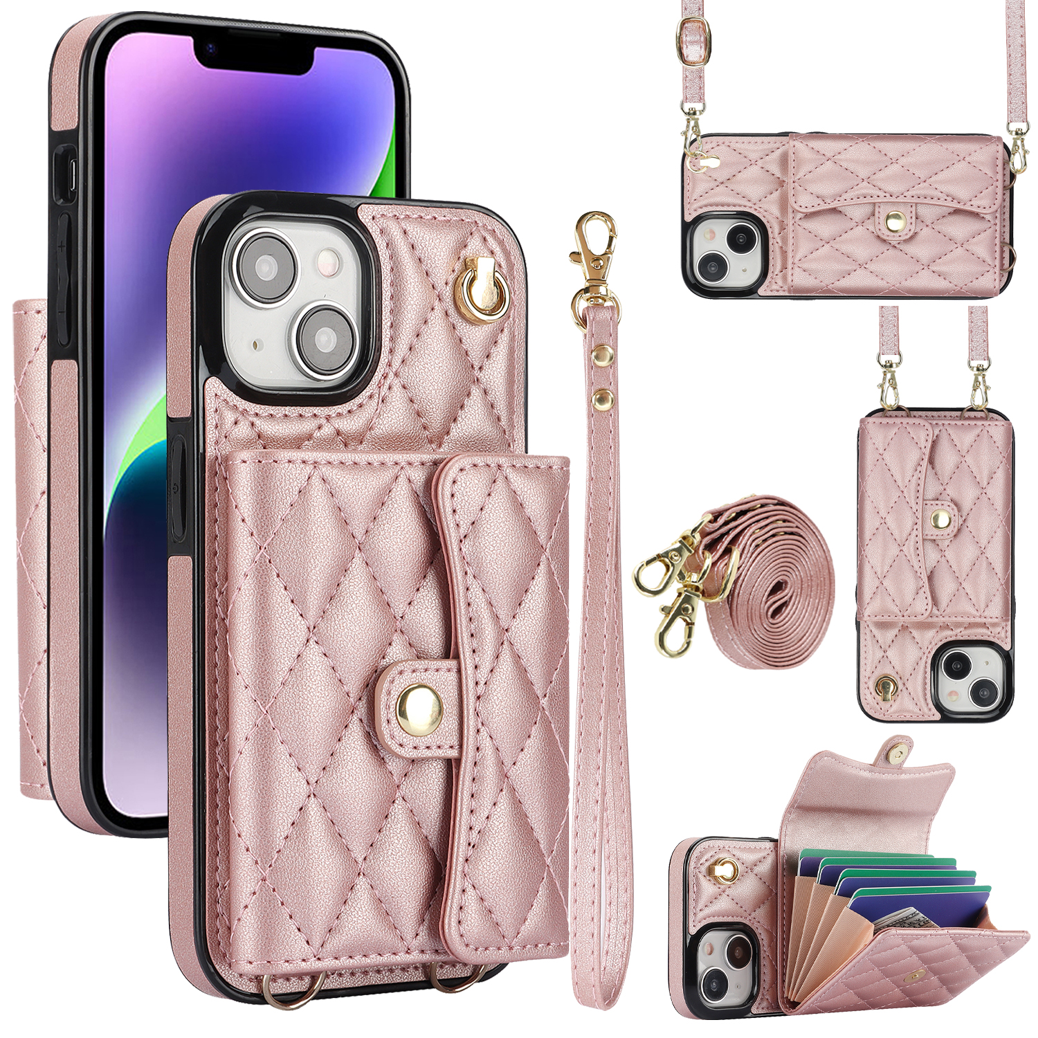 

026 Für Iphone 15 Plus PU Leder+tpu RFID Blocking Phone Cart Card Halter Kickstand Cover Mit 2 Trägern - Roségold, iPhone 15 Plus