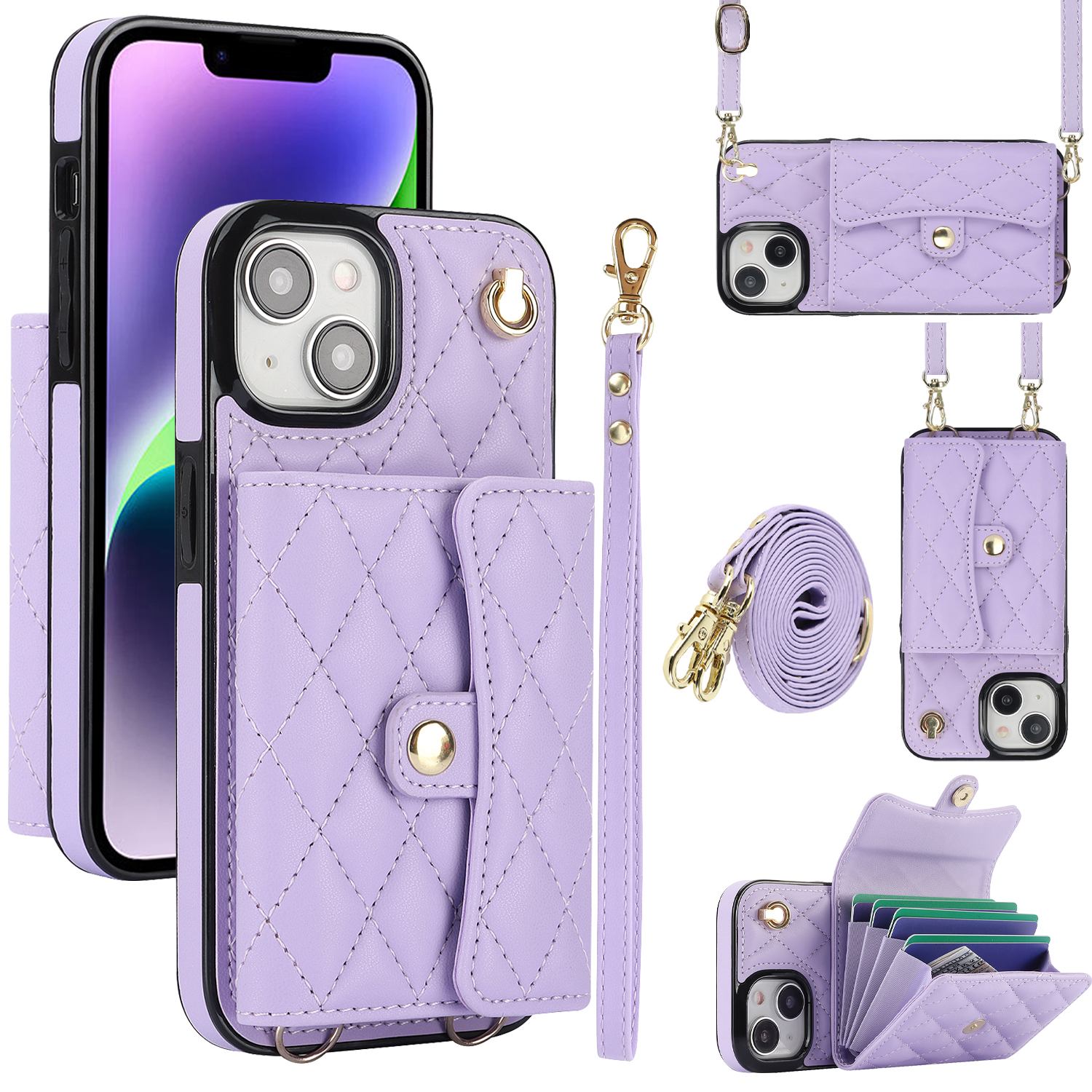 

026 Für Iphone 15 Plus PU Leder+tpu RFID Blocking Phone Cart Card Halter Kickstand Cover Mit 2 Trägern - Lila, iPhone 15 Plus