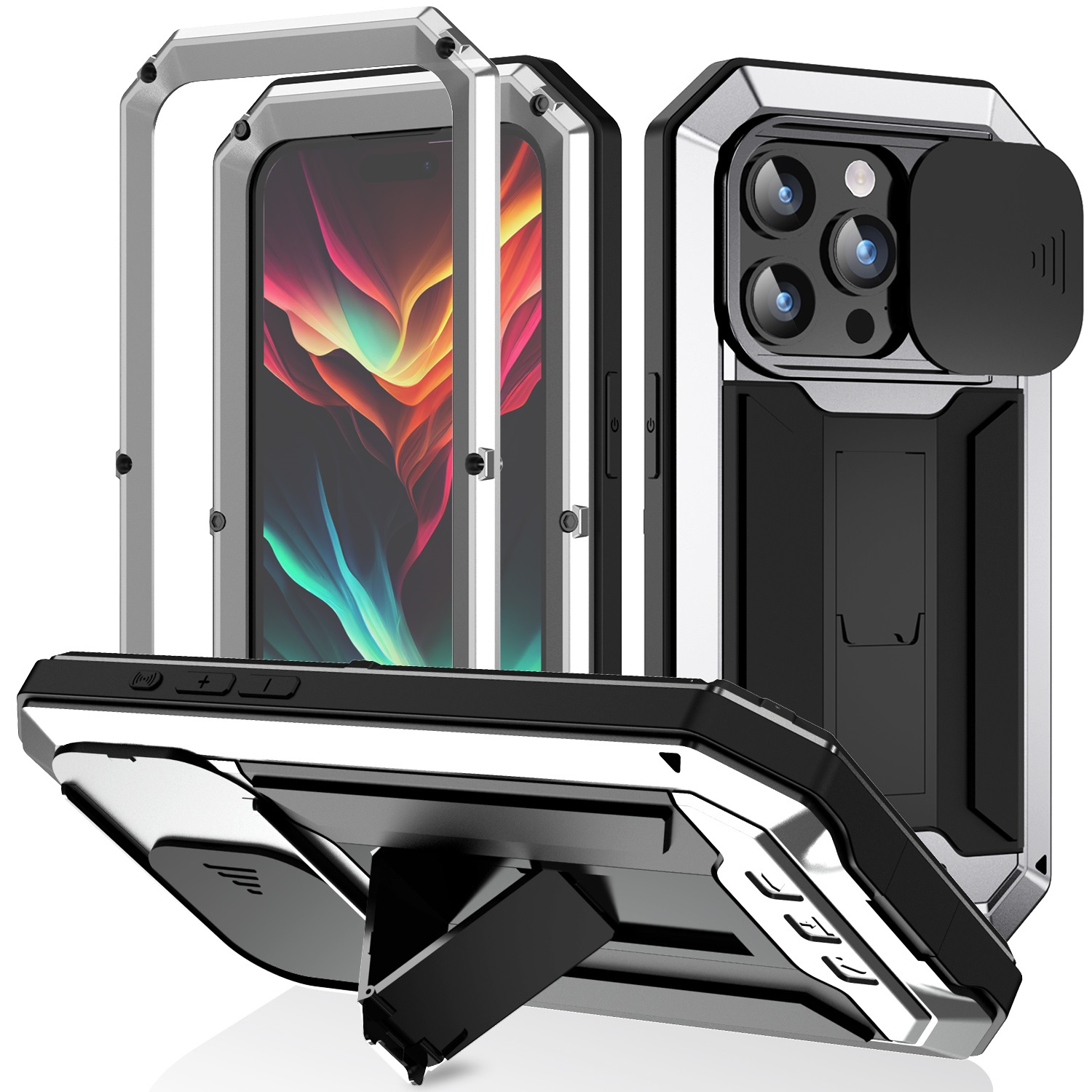 

r- Nur Für Iphone 15 Pro Max Dia Camera Guard Silicone+metall+plastik Kickstand Hülle Temperierte Glasschriftenfilm-handy-abdeckung - Silber, iPhone 15 Pro Max