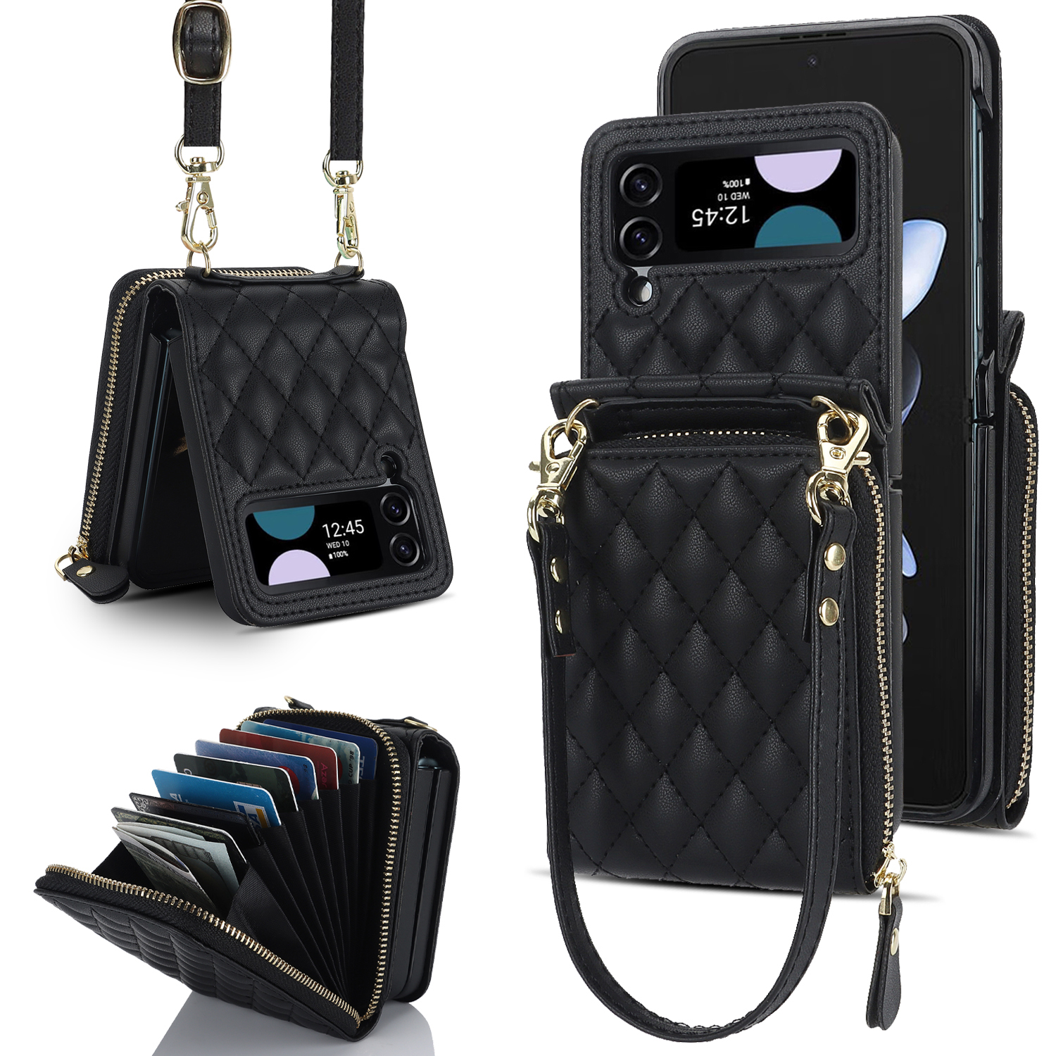

ZD 021 Für Samsung Galaxy Z Flip4 5G Schockfeste Hülle Reißverschluss Pocke PU+PC -telefonabdeckung Mit Trägern - Schwarz, Galaxy Z Flip4 5G