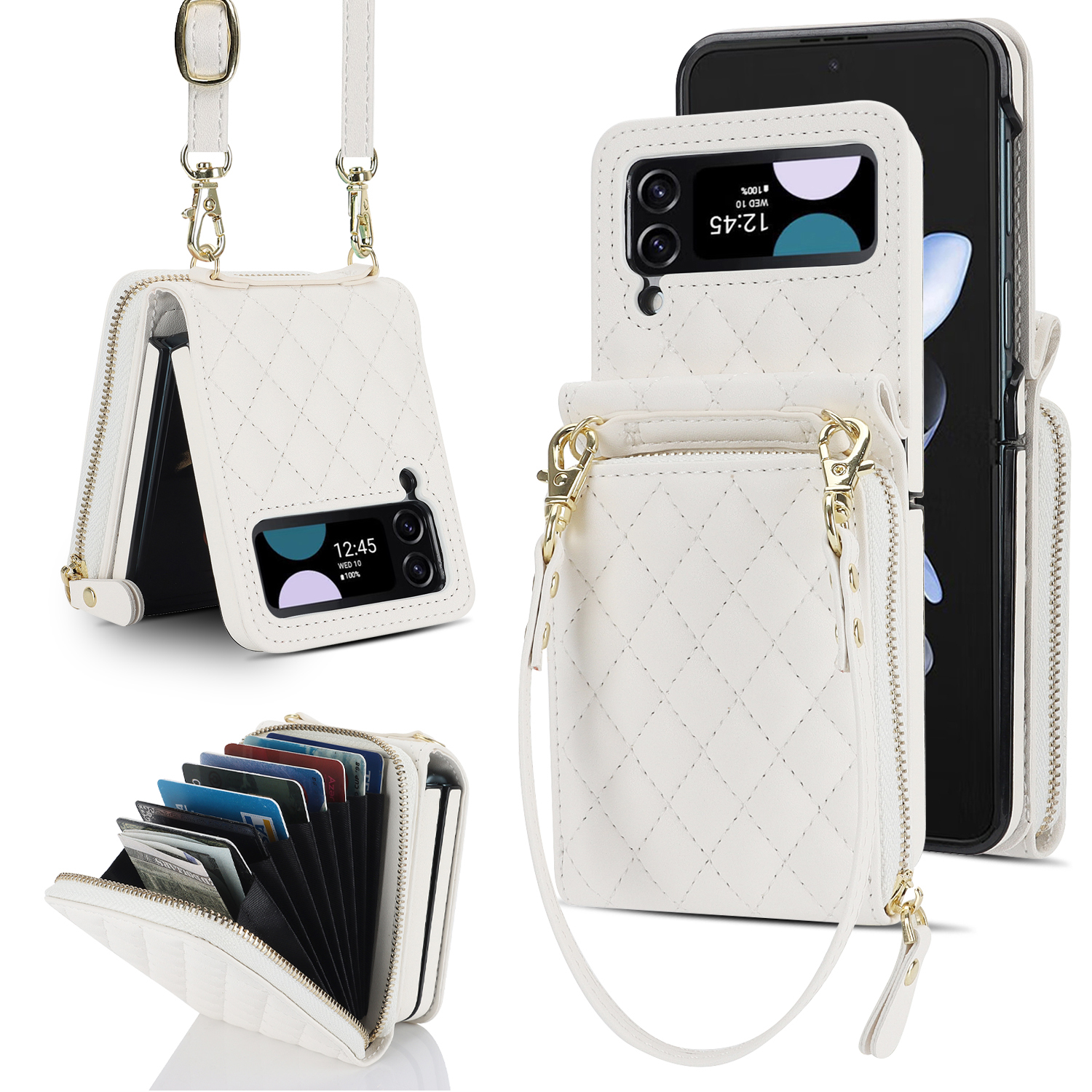 

ZD 021 Für Samsung Galaxy Z Flip4 5G Schockfeste Hülle Reißverschluss Pocke PU+PC -telefonabdeckung Mit Trägern - Weiß, Galaxy Z Flip4 5G