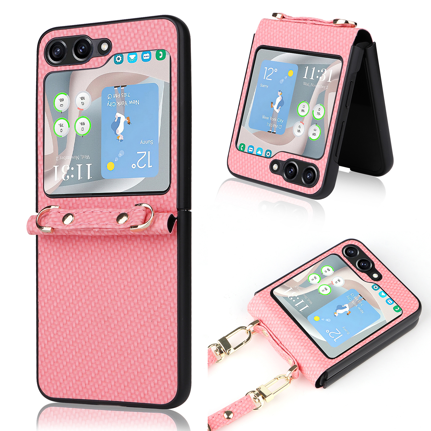 

Gewebter Textur Telefonabdeckung Für Samsung Galaxy Z Flip5 5G Anti-Scratch Pu+pc-telefonhülle Mit Einstellbarem Lanyard - Rosa, Galaxy Z Flip5 5G