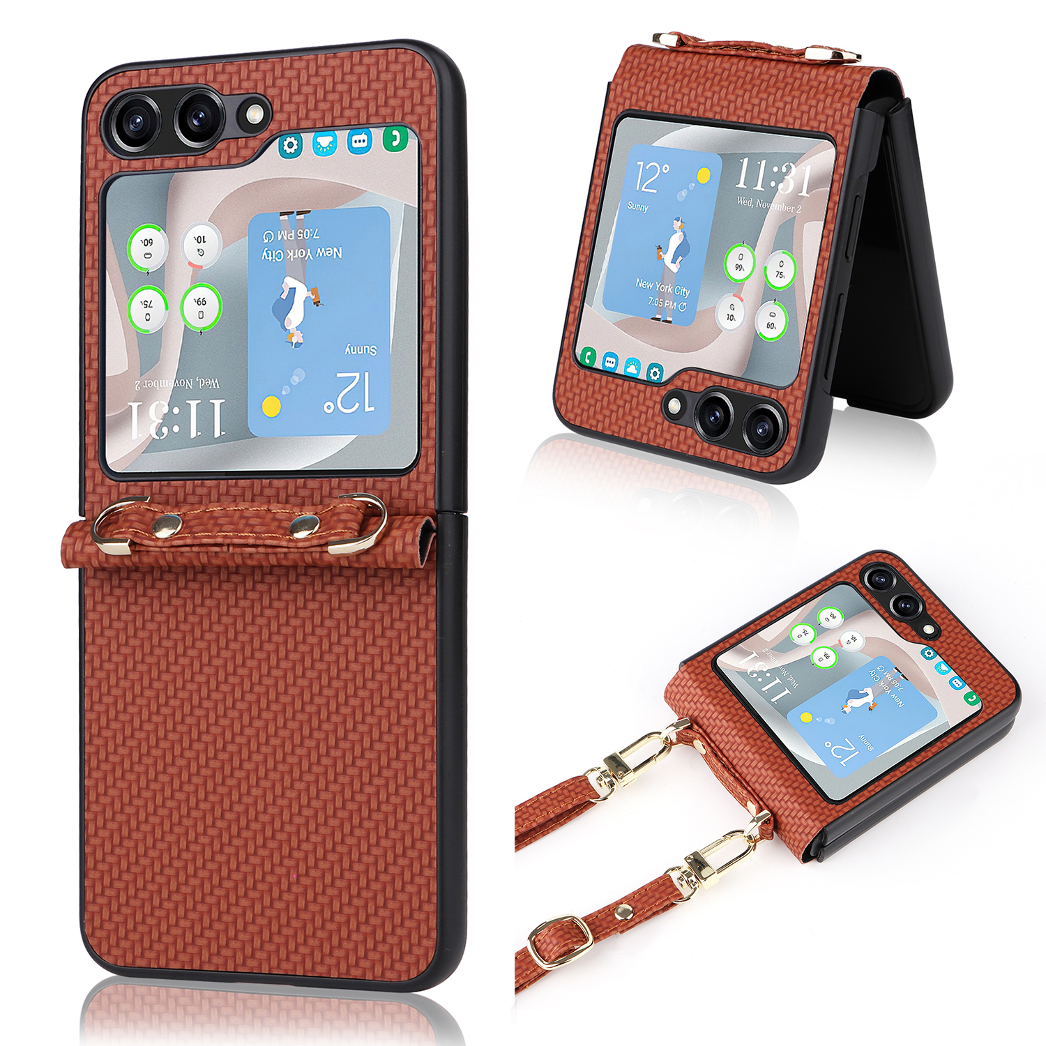 

Gewebter Textur Telefonabdeckung Für Samsung Galaxy Z Flip5 5G Anti-Scratch Pu+pc-telefonhülle Mit Einstellbarem Lanyard - Braun, Galaxy Z Flip5 5G