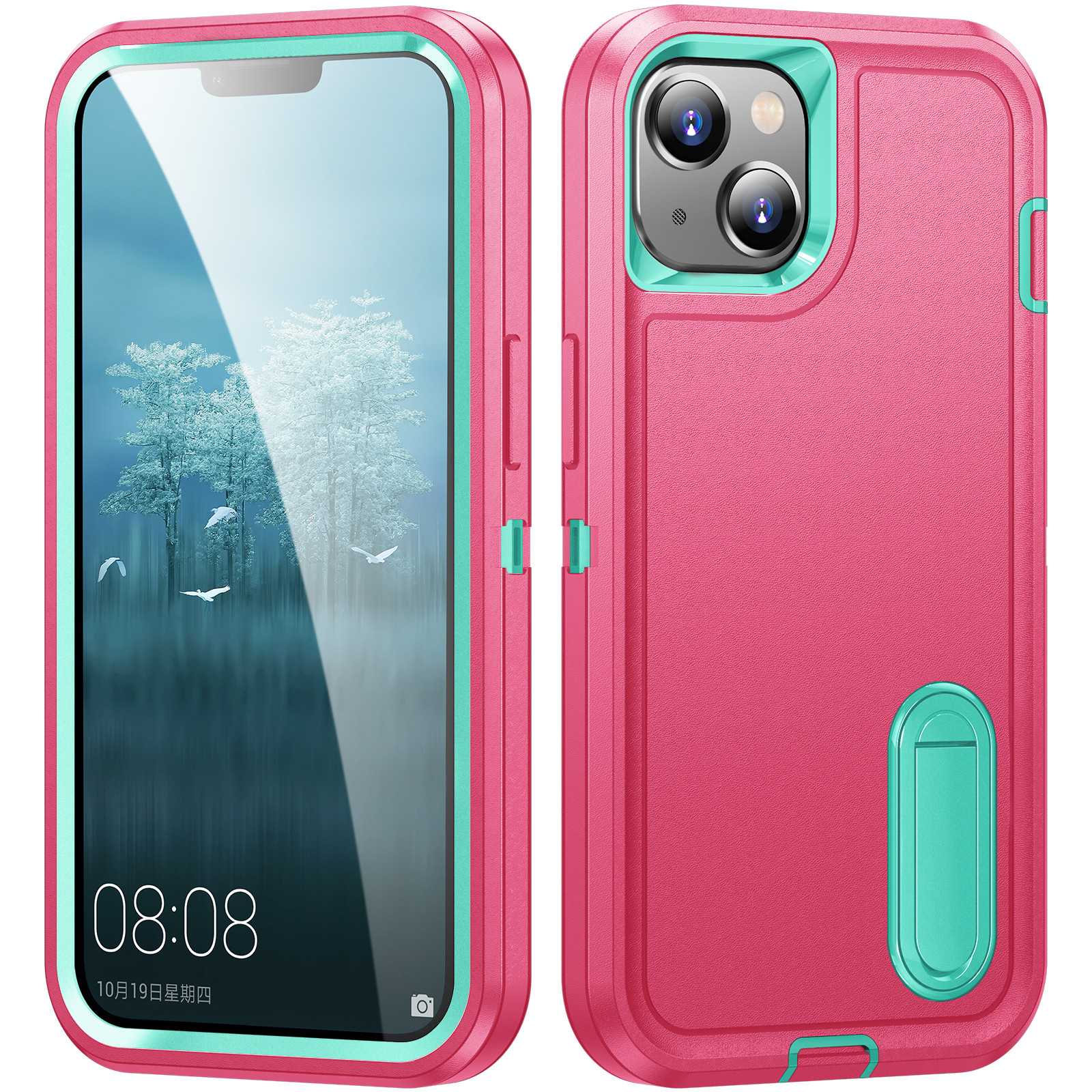

Hartes PC+Soft Tpu-telefonhülle Für Iphone 15 Schocksicheres Anti-drop-handy-kickstand Cover - Rose / Cyan, iPhone 15