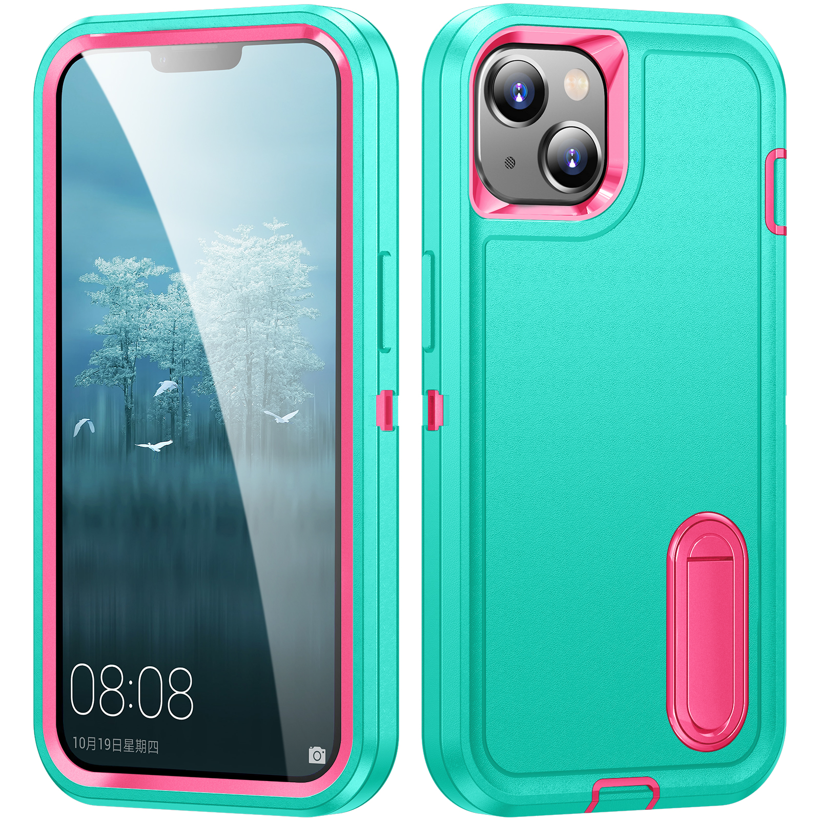 

Hartes PC+Soft Tpu-telefonhülle Für Iphone 15 Schocksicheres Anti-drop-handy-kickstand Cover - Cyan / Rose, iPhone 15