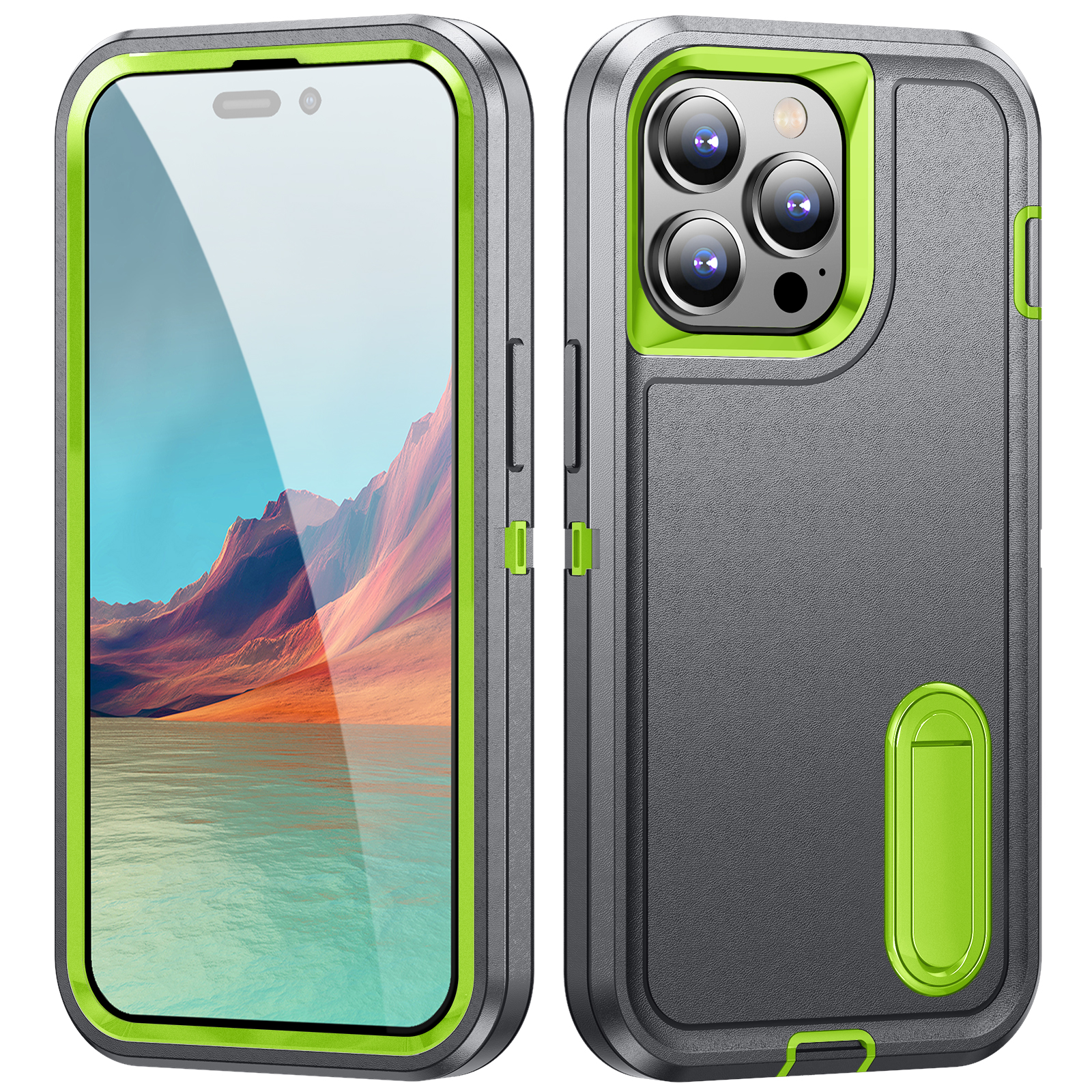 

Hartes PC+Soft Tpu-telefonfall Für Iphone 15 Pro Anti-scratch-kickstand-telefonabdeckung - Grau / Grün, iPhone 15 Pro