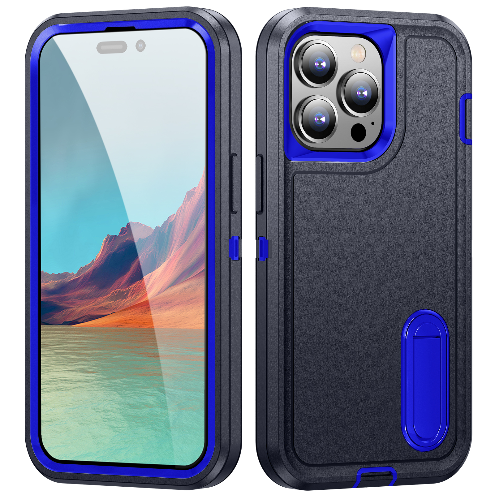 

Hartes PC+Soft Tpu-telefonfall Für Iphone 15 Pro Anti-scratch-kickstand-telefonabdeckung - Schwarz / Saphir, iPhone 15 Pro