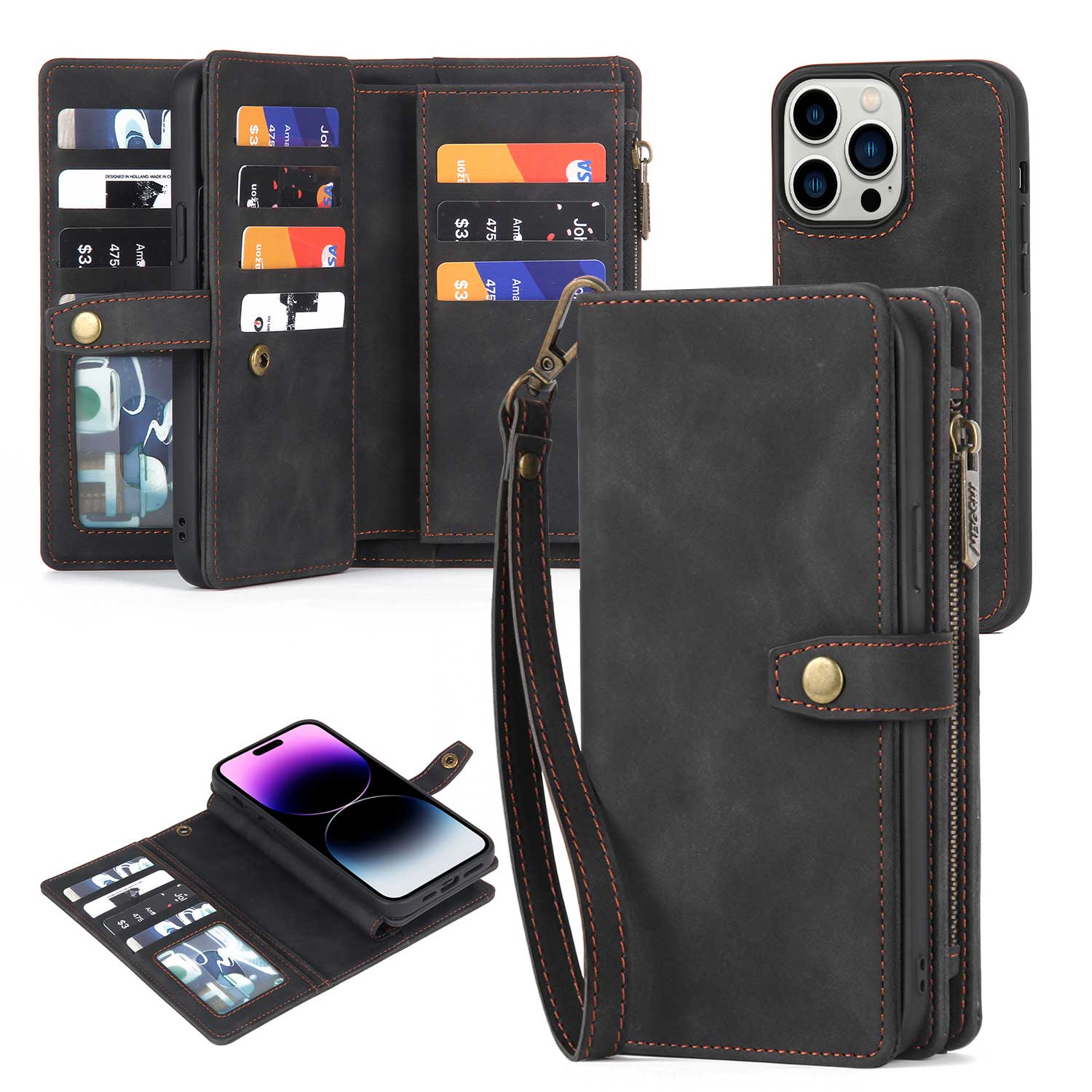 

Megshi H1-serie Für Iphone 15 Pro Abnehmbare 2-in-1-brieftaschenhülle PU Leder-telefonabdeckung Mit Armbandriemen - Schwarz, iPhone 15 Pro