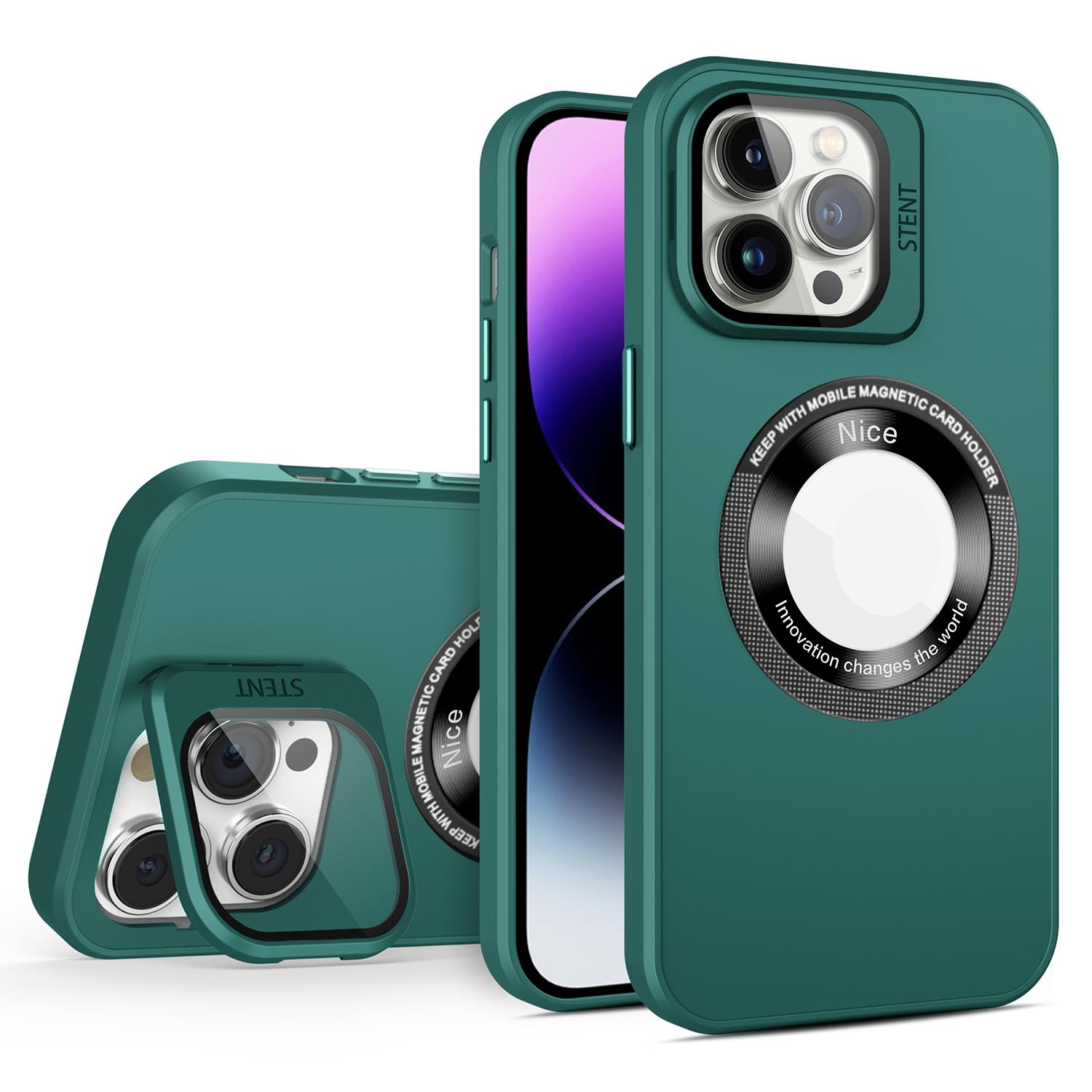 

Telefonabdeckung Für Iphone 15 Pro Max Kompatibel Mit Magsafe PC+TPU+Glass Lens Film Kickstand Hülle - Grün, iPhone 15 Pro Max