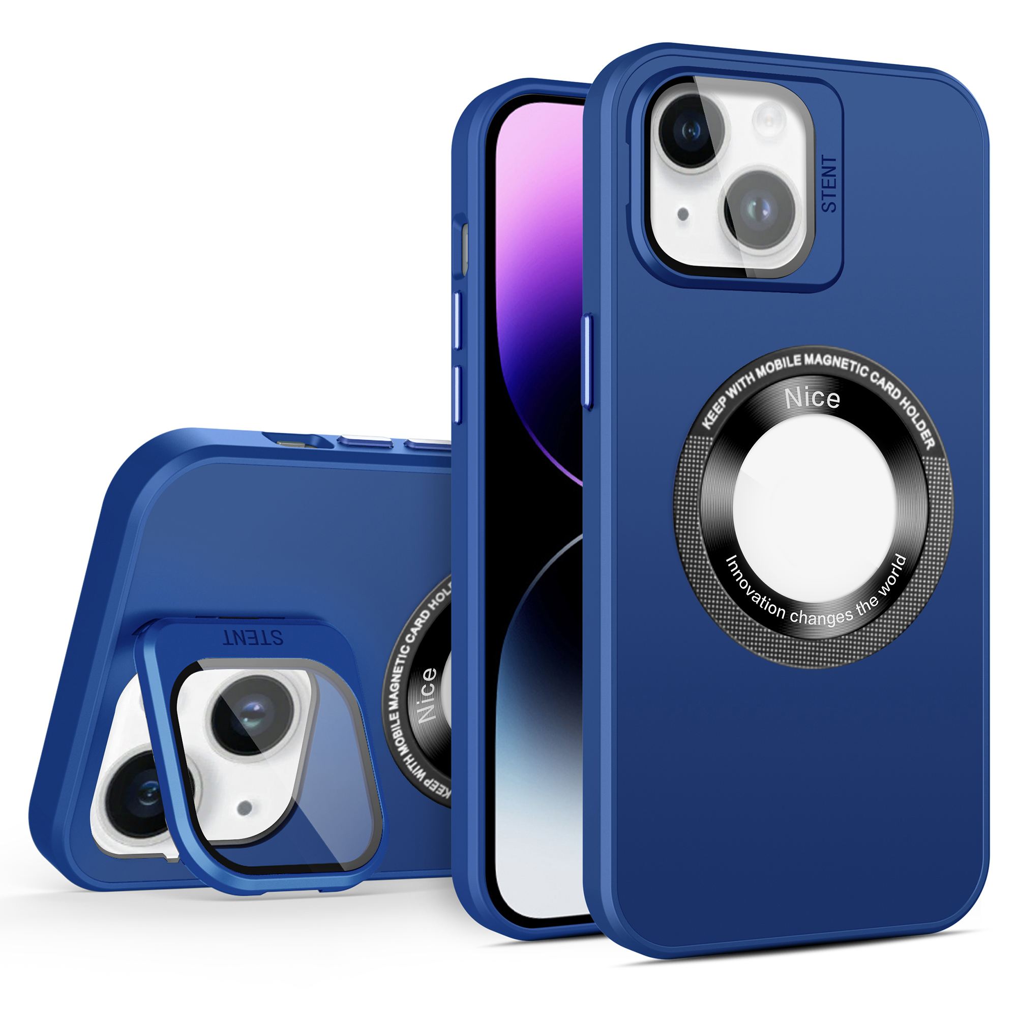 

Pc+tpu+glassfilm Schlanker Telefonabdeckung Für Iphone 15 Kompatibel Mit Magsafe Protective Case Mit Linsenkickstand - Blau, iPhone 15