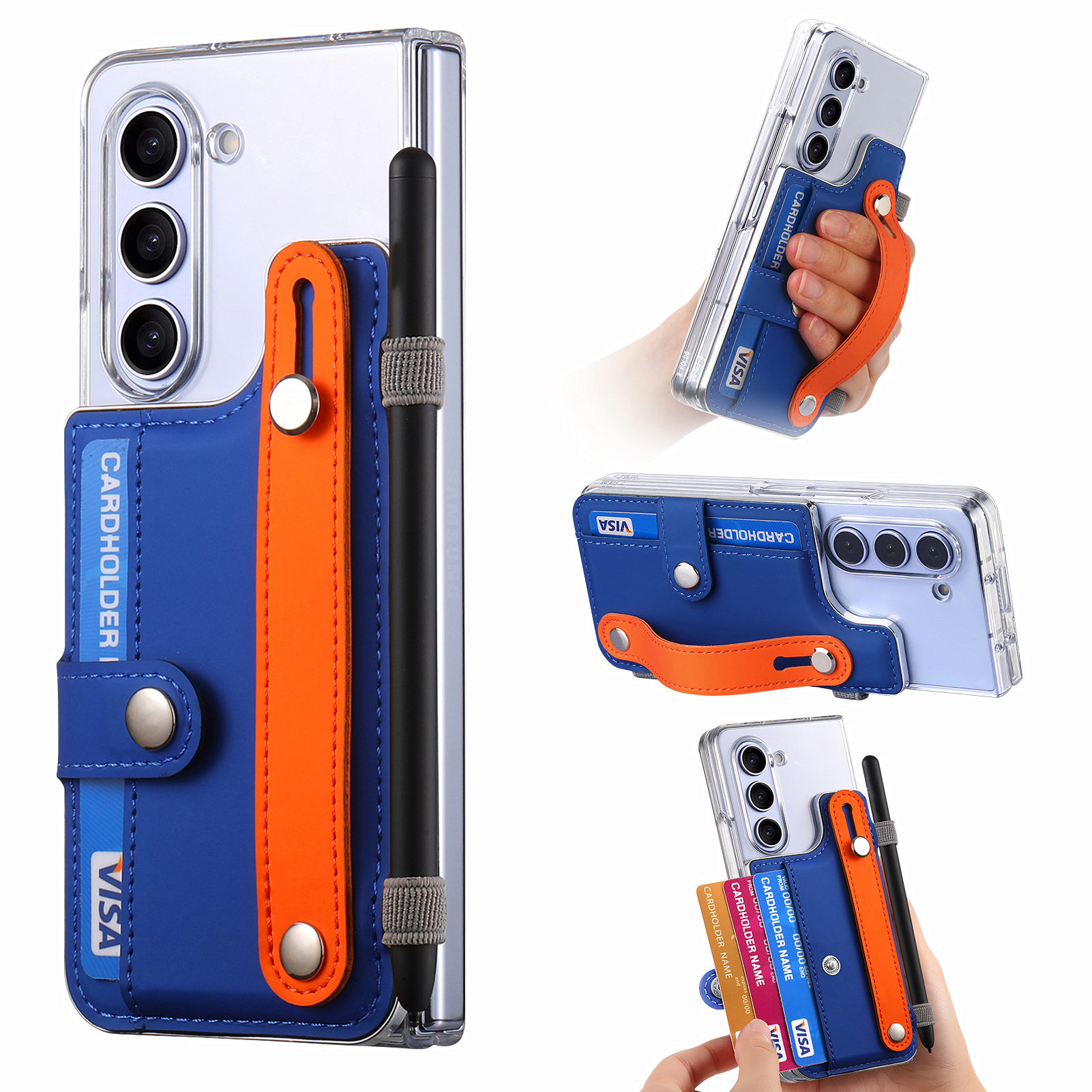 

Für Samsung Galaxy Z Fold5 5G PU+Clear PC Phone Case Armband Kickstand Telefonabdeckung Mit Stifthalter - Blau, Galaxy Z Fold5 5G