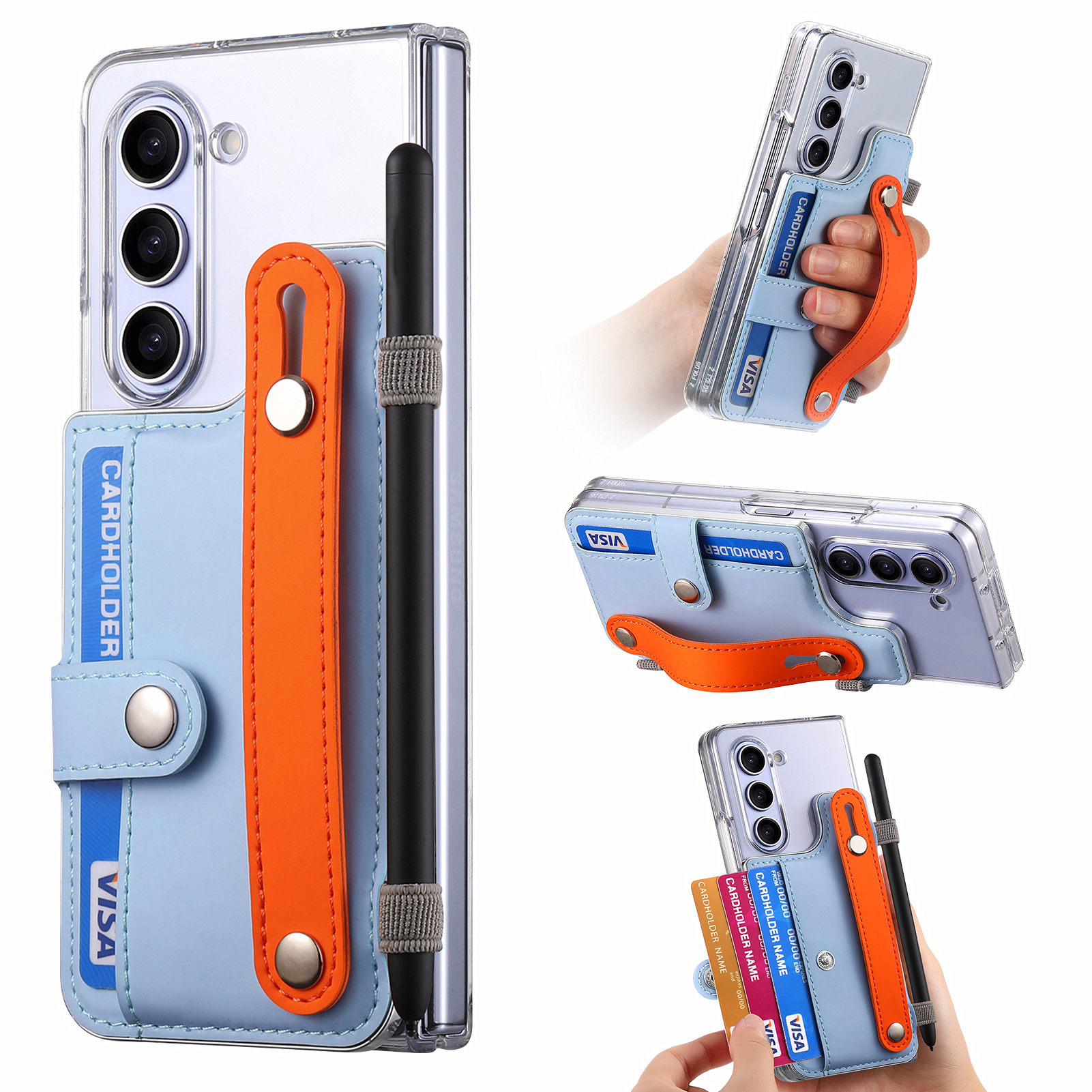 

Für Samsung Galaxy Z Fold5 5G PU+Clear PC Phone Case Armband Kickstand Telefonabdeckung Mit Stifthalter - Himmelblau, Galaxy Z Fold5 5G