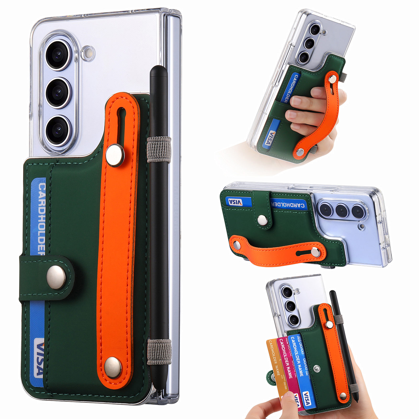 

Für Samsung Galaxy Z Fold5 5G PU+Clear PC Phone Case Armband Kickstand Telefonabdeckung Mit Stifthalter - Grün, Galaxy Z Fold5 5G