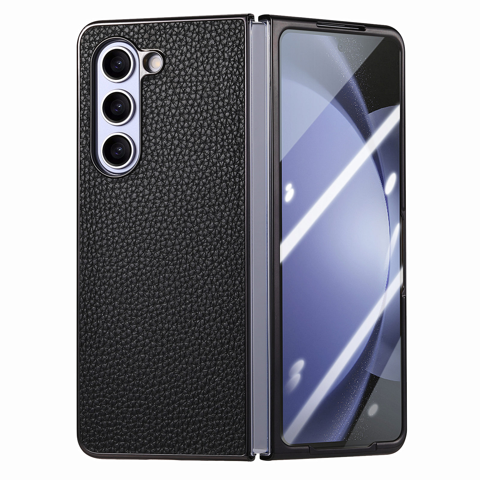 

Für Samsung Galaxy Z Fold5 5G Telefonhülle Litchi Textur Pu+hartes PC -telefonabdeckung Mit Temperamentvollem Glasfilm - Schwarz, Galaxy Z Fold5 5G