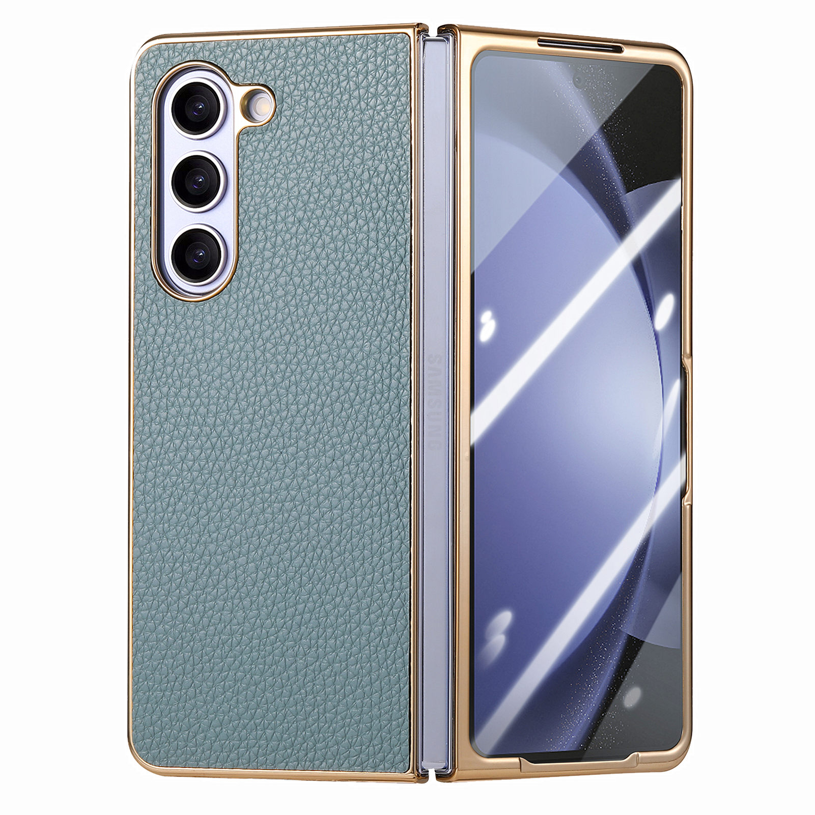 

Für Samsung Galaxy Z Fold5 5G Telefonhülle Litchi Textur Pu+hartes PC -telefonabdeckung Mit Temperamentvollem Glasfilm - Blau, Galaxy Z Fold5 5G