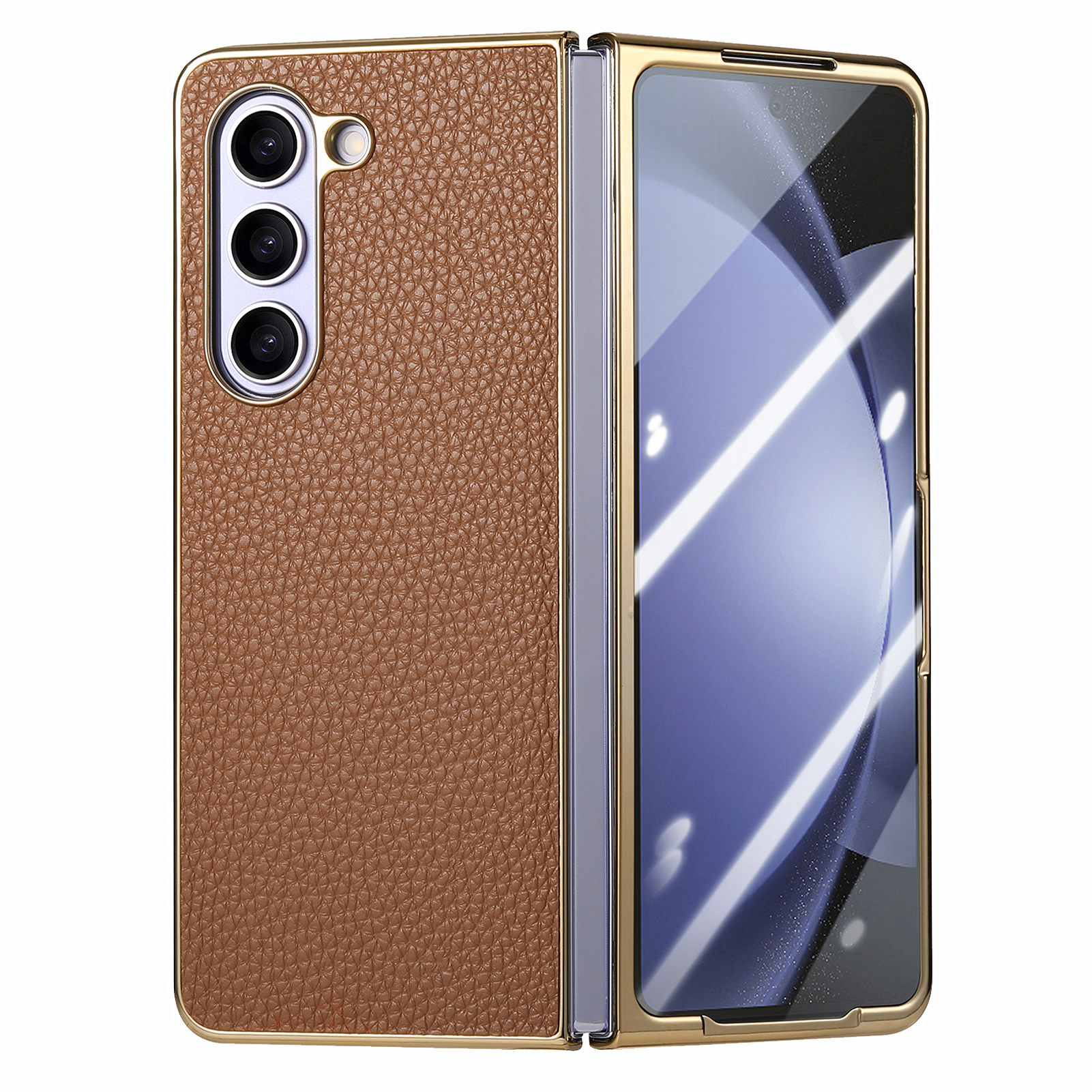 

Für Samsung Galaxy Z Fold5 5G Telefonhülle Litchi Textur Pu+hartes PC -telefonabdeckung Mit Temperamentvollem Glasfilm - Braun, Galaxy Z Fold5 5G