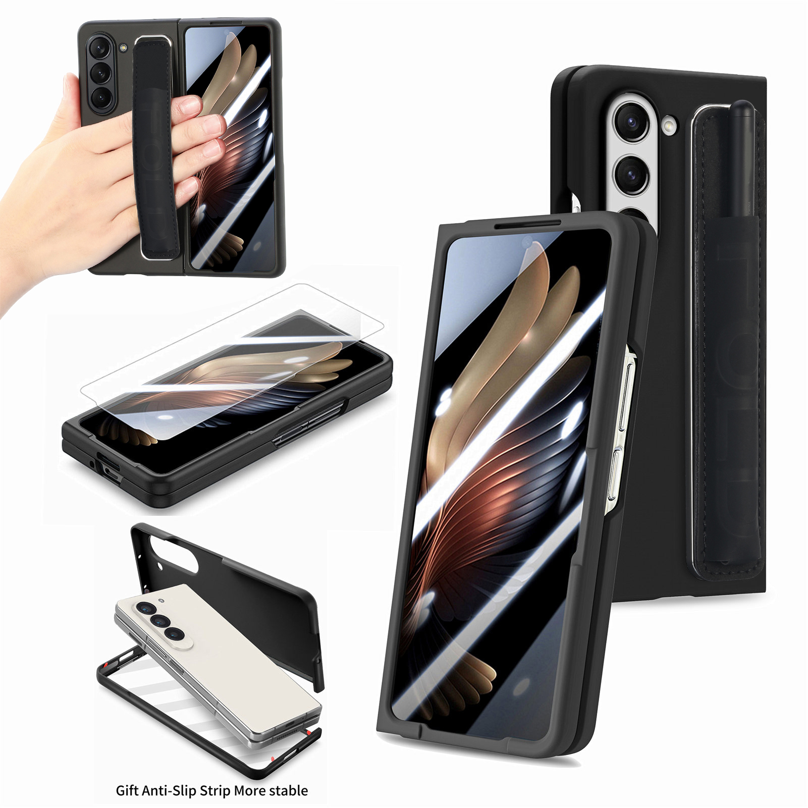 

Für Samsung Galaxy Z Fold5 5G Hard PC Phone Case Eingebaute Temperaturfilm-film-telefonabdeckung Mit Stifthalter, Armband - Schwarz, Galaxy Z Fold5 5G
