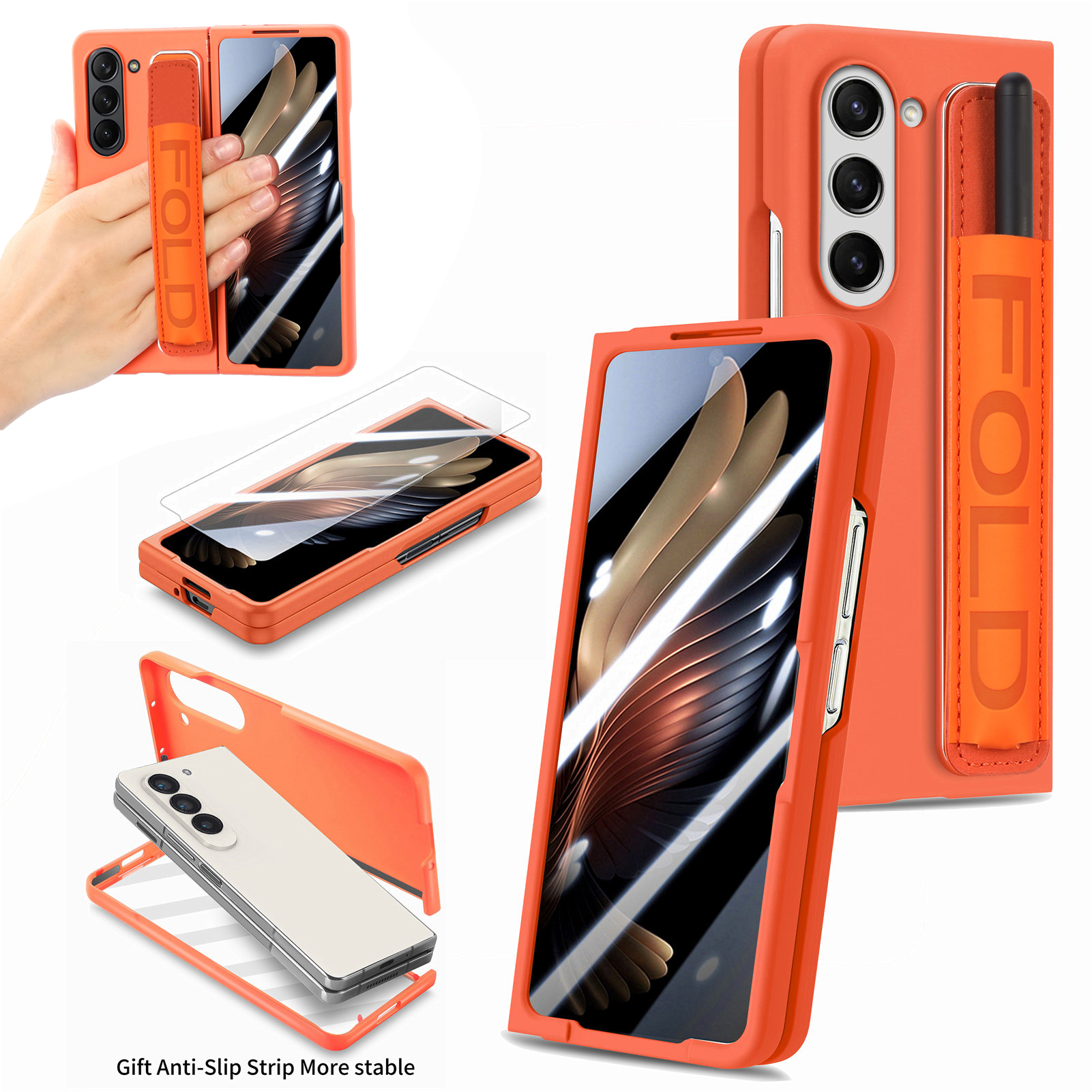 

Für Samsung Galaxy Z Fold5 5G Hard PC Phone Case Eingebaute Temperaturfilm-film-telefonabdeckung Mit Stifthalter, Armband - Orange, Galaxy Z Fold5 5G