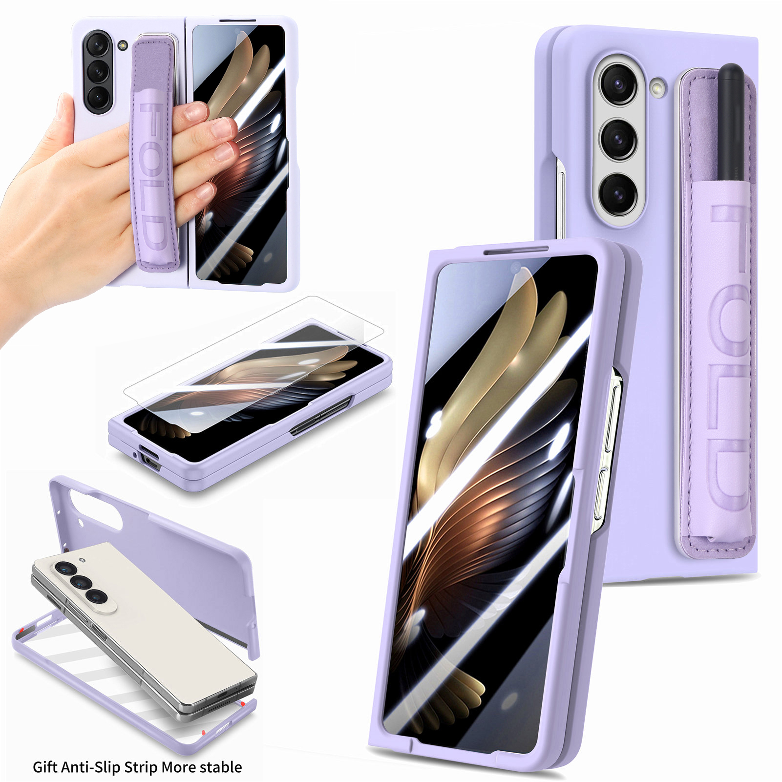 

Für Samsung Galaxy Z Fold5 5G Hard PC Phone Case Eingebaute Temperaturfilm-film-telefonabdeckung Mit Stifthalter, Armband - Lila, Galaxy Z Fold5 5G