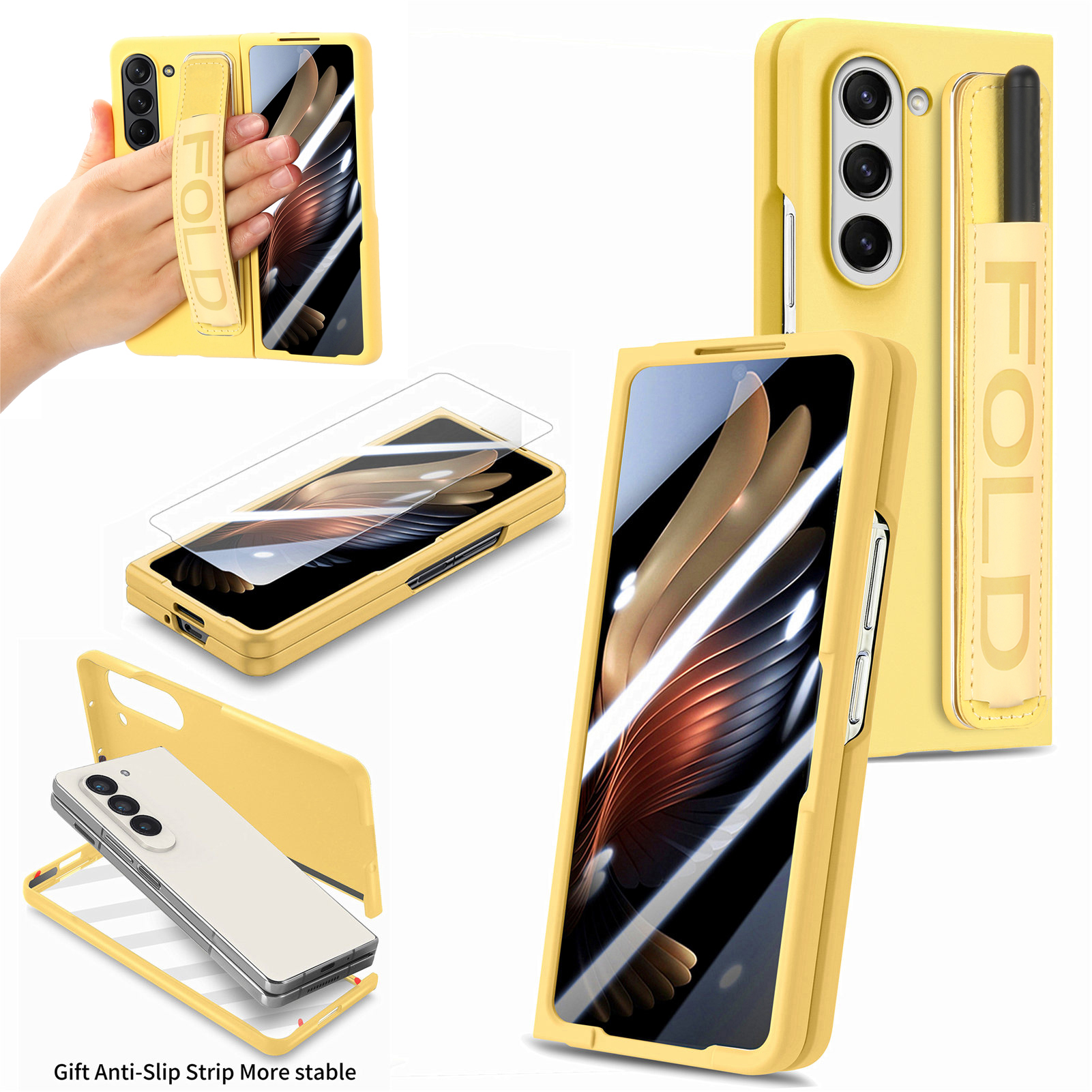 

Für Samsung Galaxy Z Fold5 5G Hard PC Phone Case Eingebaute Temperaturfilm-film-telefonabdeckung Mit Stifthalter, Armband - Gelb, Galaxy Z Fold5 5G