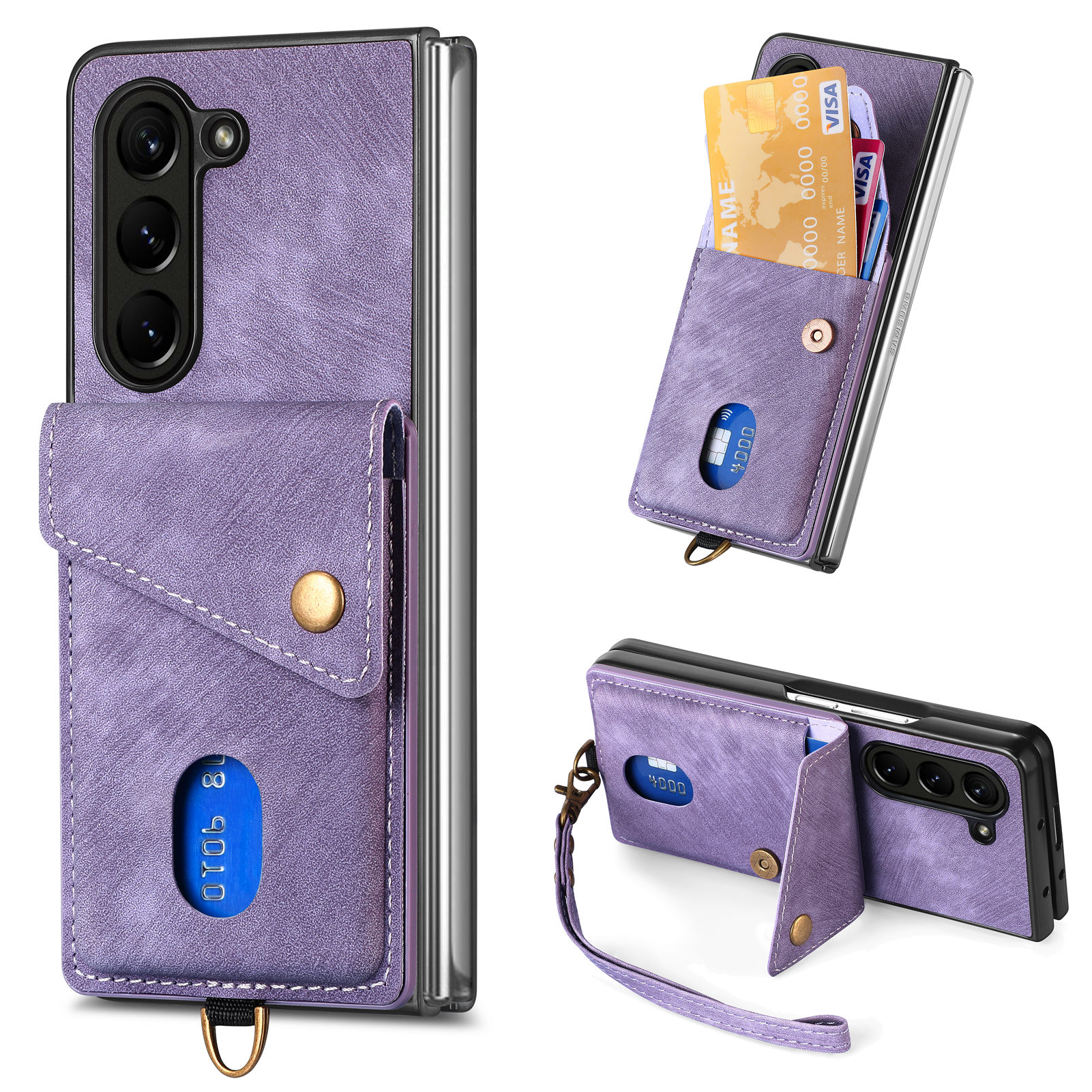 

Für Samsung Galaxy Z Fold5 5G Retro PU+PC Phone Case Card Halter Kickstand -telefonabdeckung Mit Armbandgurt - Lila, Galaxy Z Fold5 5G
