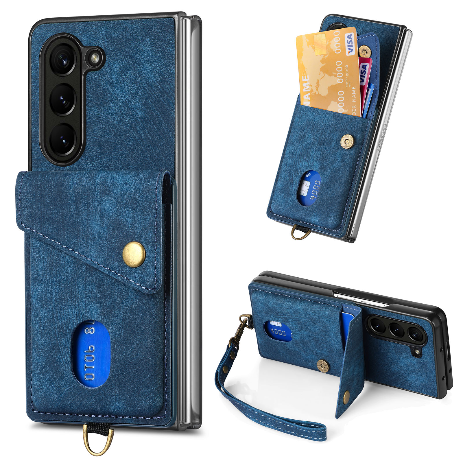 

Für Samsung Galaxy Z Fold5 5G Retro PU+PC Phone Case Card Halter Kickstand -telefonabdeckung Mit Armbandgurt - Blau, Galaxy Z Fold5 5G