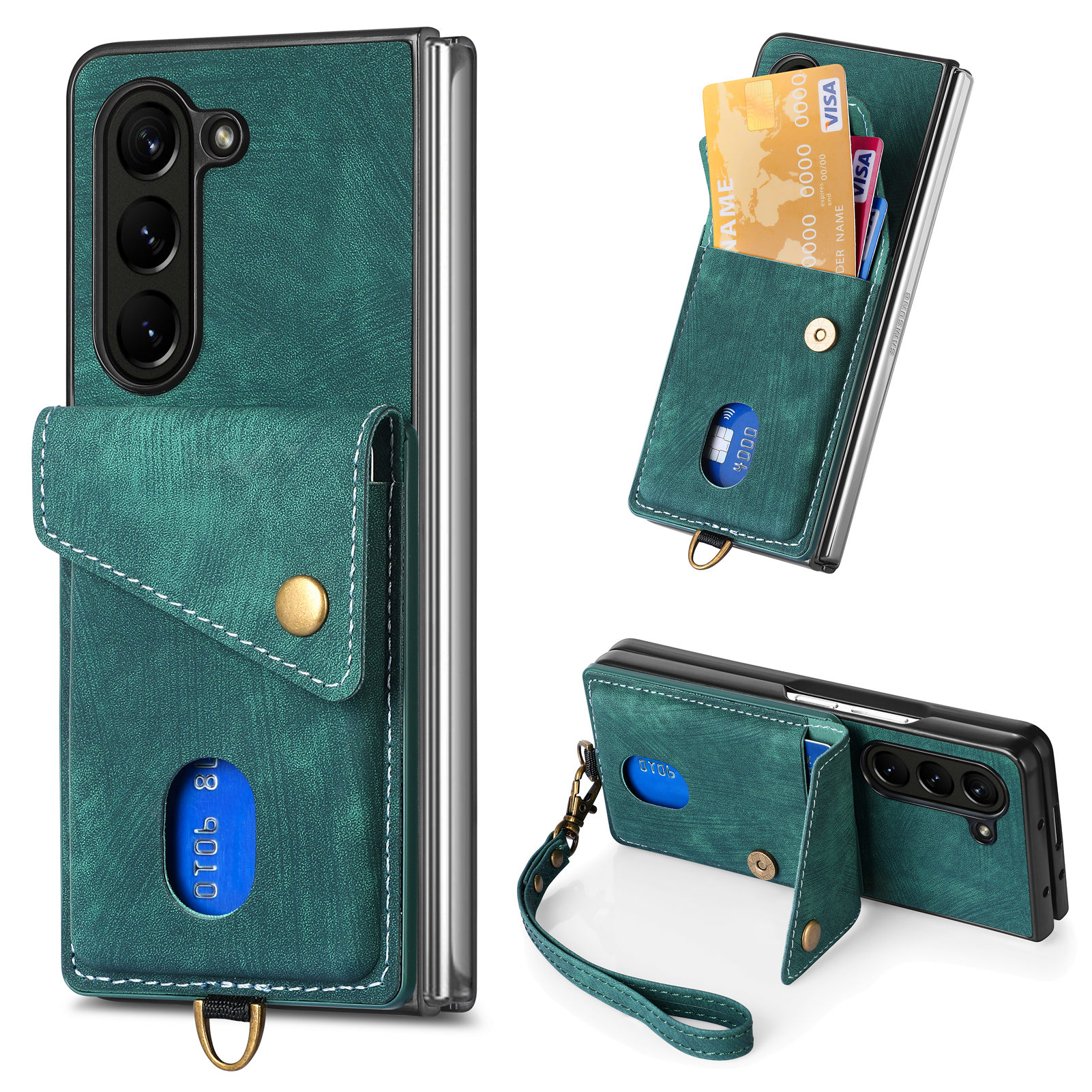 

Für Samsung Galaxy Z Fold5 5G Retro PU+PC Phone Case Card Halter Kickstand -telefonabdeckung Mit Armbandgurt - Grün, Galaxy Z Fold5 5G