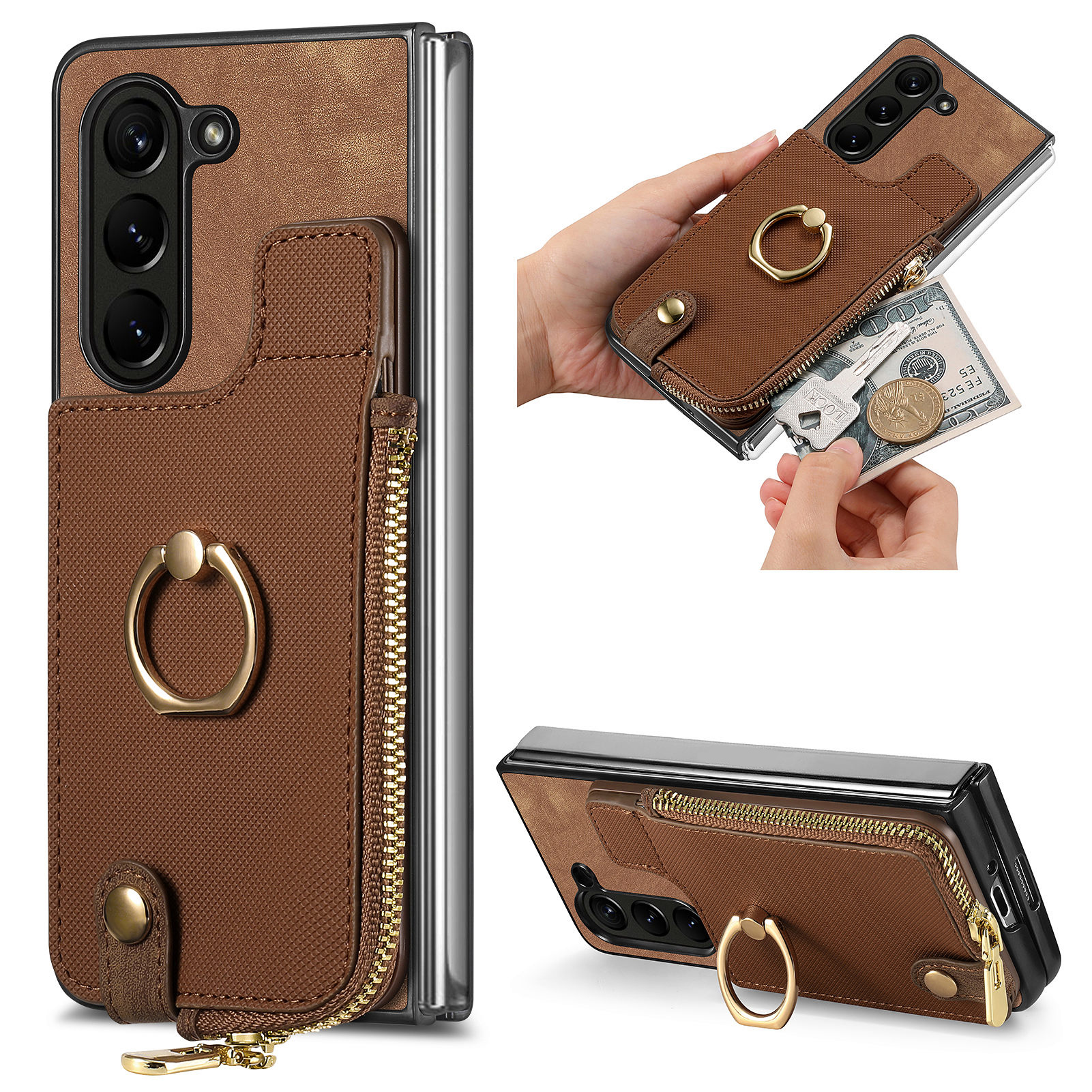 

Retro Reißverschluss Brieftaschenhülle Für Samsung Galaxy Z Fold5 5G PU+PC Rotierender Ring -kickstand -telefon Shell - Braun, Galaxy Z Fold5 5G