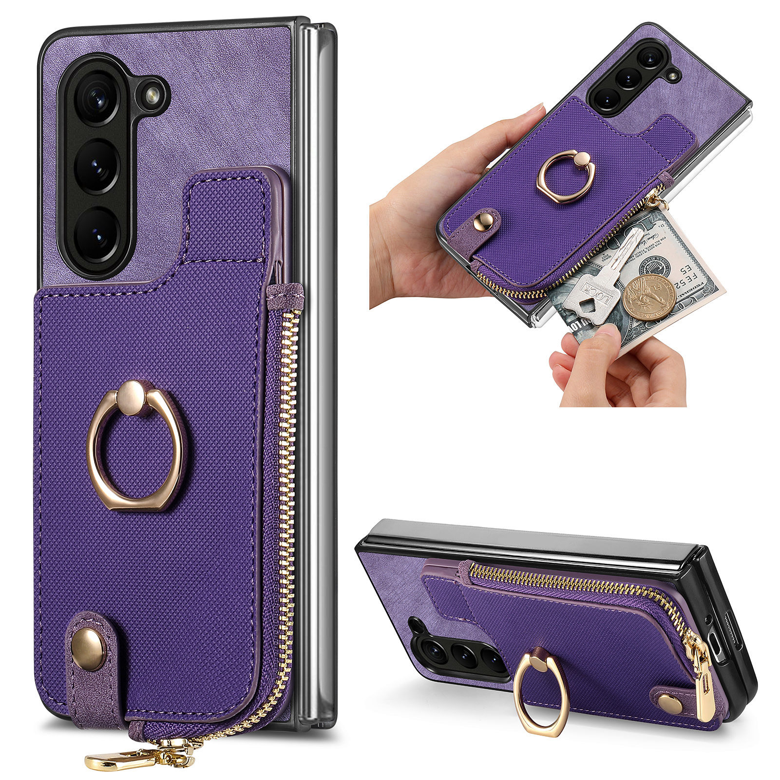

Retro Reißverschluss Brieftaschenhülle Für Samsung Galaxy Z Fold5 5G PU+PC Rotierender Ring -kickstand -telefon Shell - Lila, Galaxy Z Fold5 5G